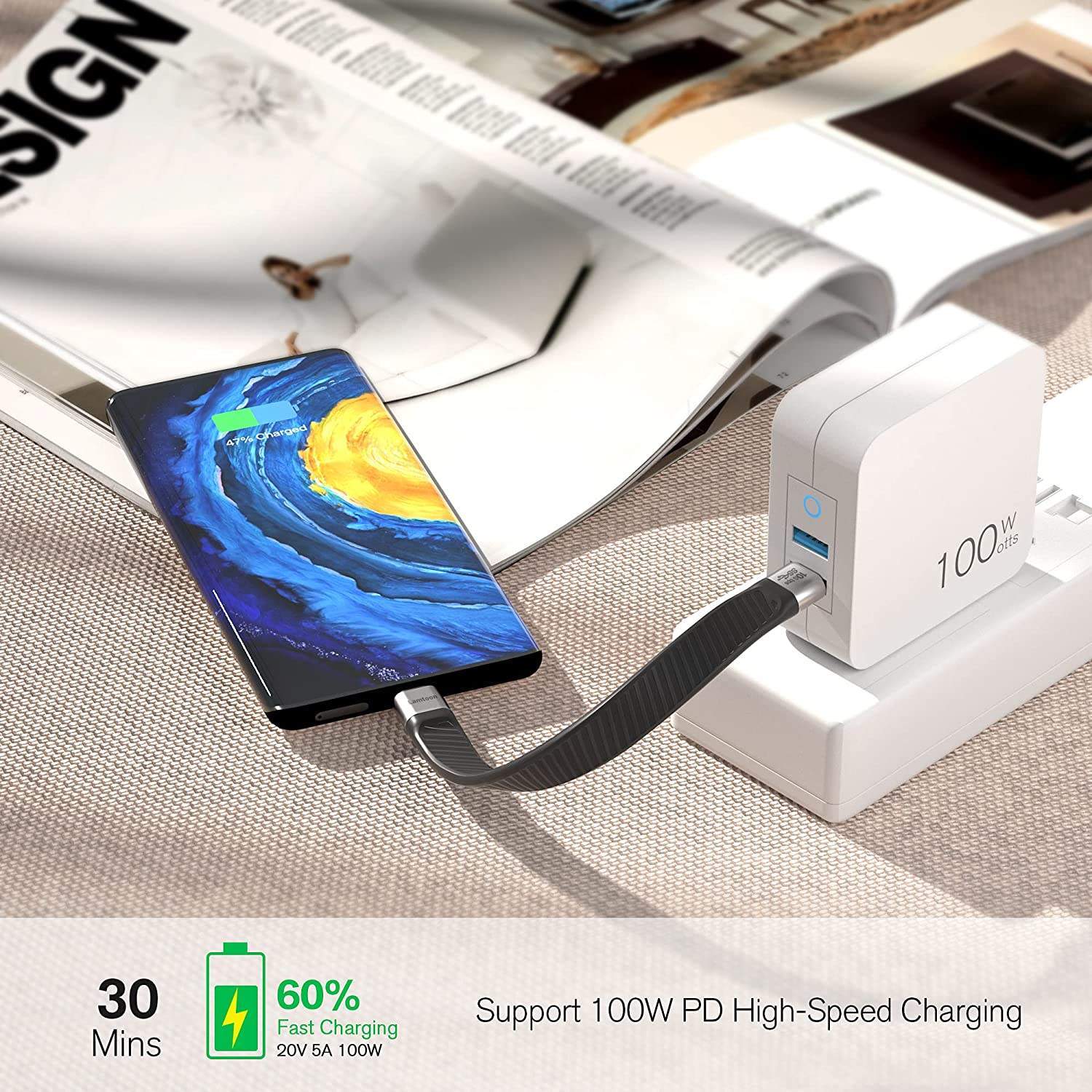 NÖRDIC flad adapter USB3.2 Gen2 USB-C til C 10Gbps 5A 100W