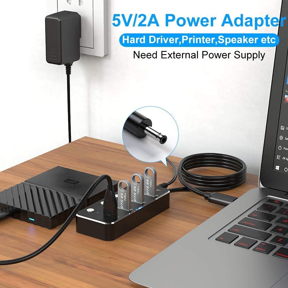 NÖRDIC strømforsynet 4-ports hub USB-C 3.0 5Gbps med individuel switch 25 cm kabel aluminium sort med strømforsyning