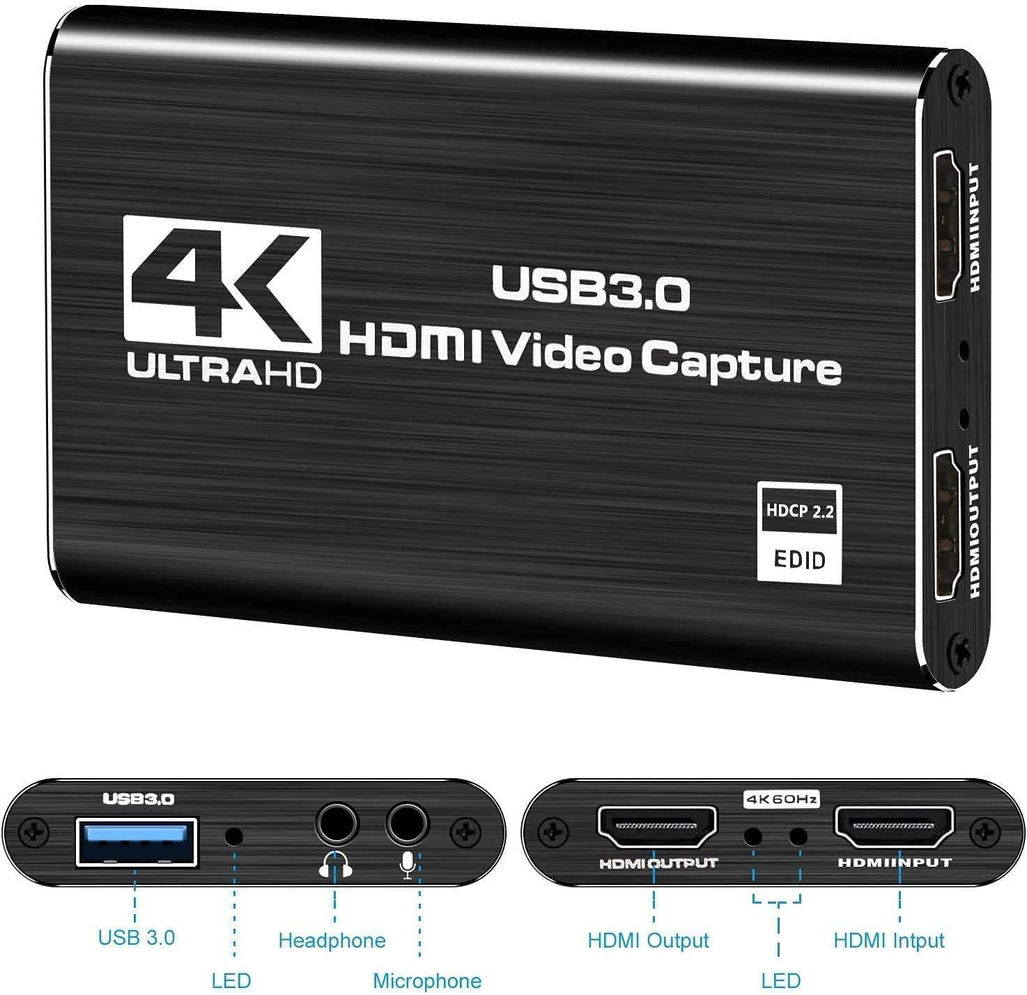 NÖRDIC videooptagelsesadapter USB3.0 HDMI-udgang 4K 60Hz HDMI med sløjfemikrofon og lydudgang HDMI-signalsløjfeudgang