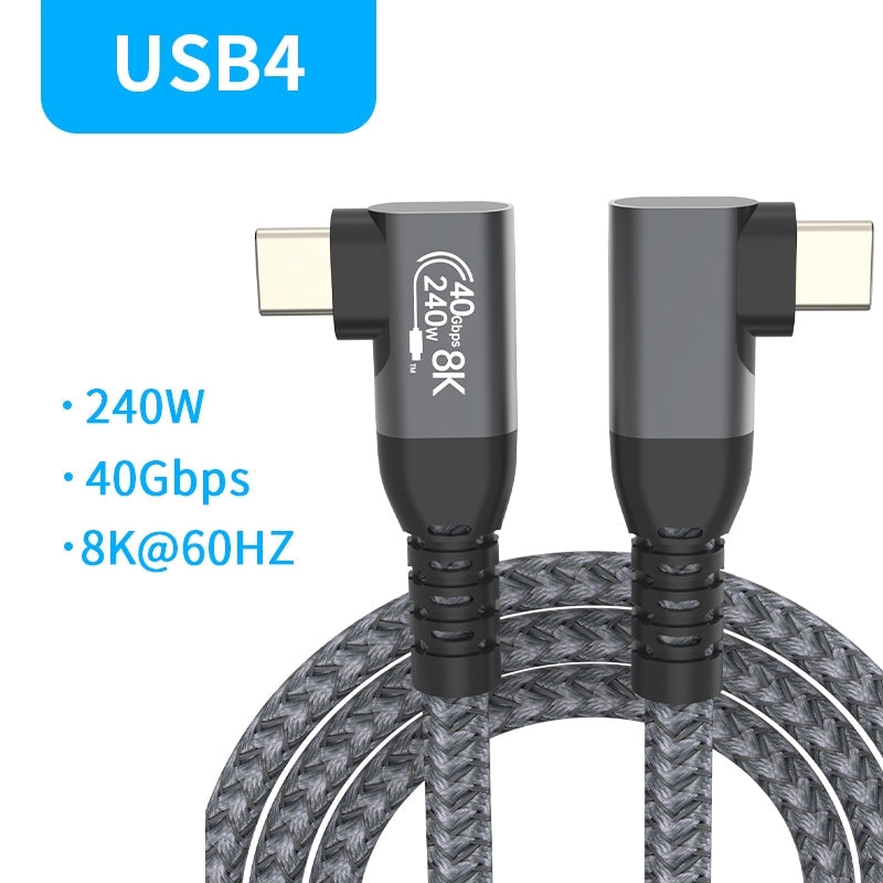 NÖRDIC vinklet 1m USB4 USB-C til C Nylon flettet kabel PD3.1 240W 40G 8K60Hz 4K144Hz Grå