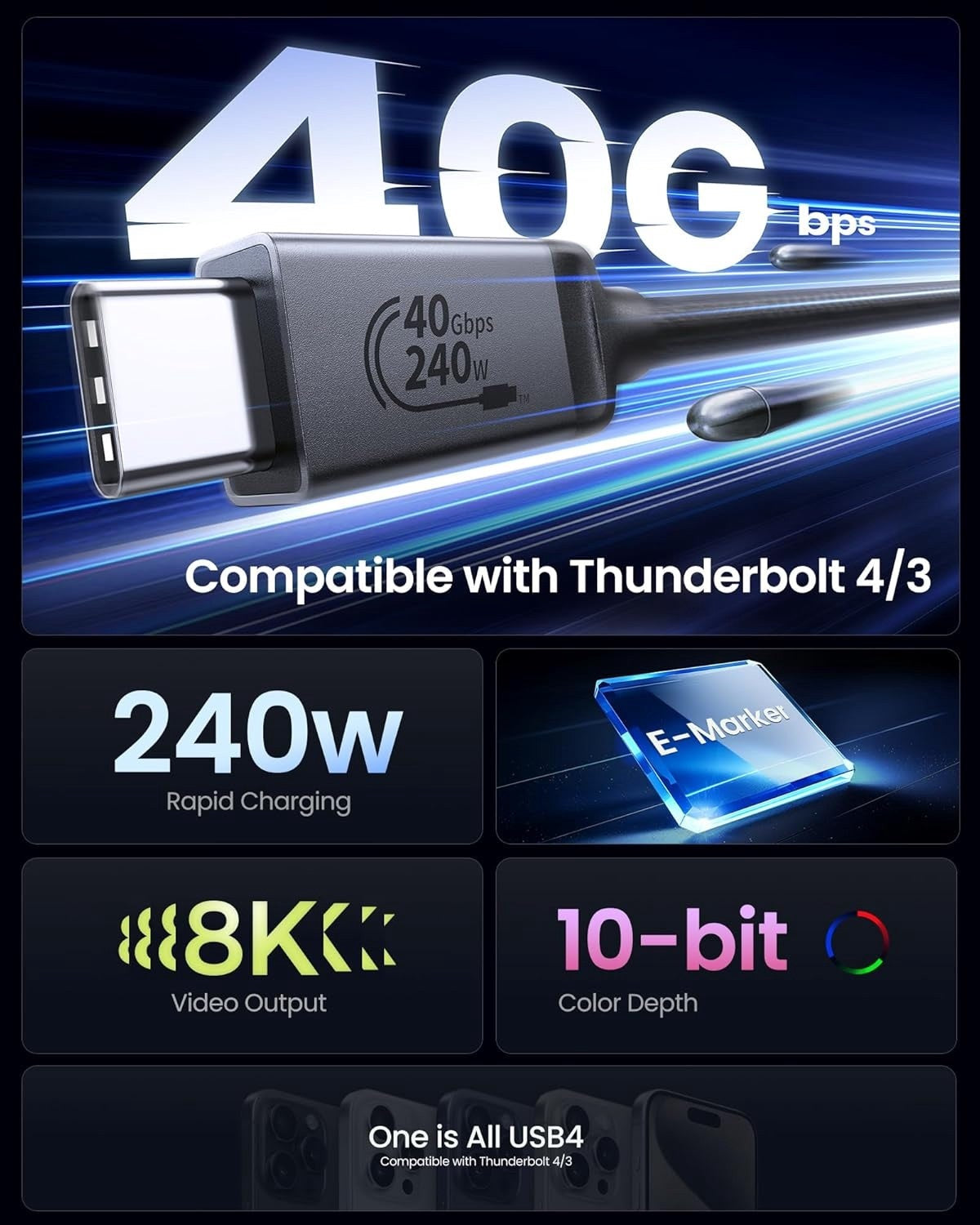 NÖRDIC vinklet 1m USB4 USB-C til C Nylon flettet kabel PD3.1 240W 40G 8K60Hz 4K144Hz Grå