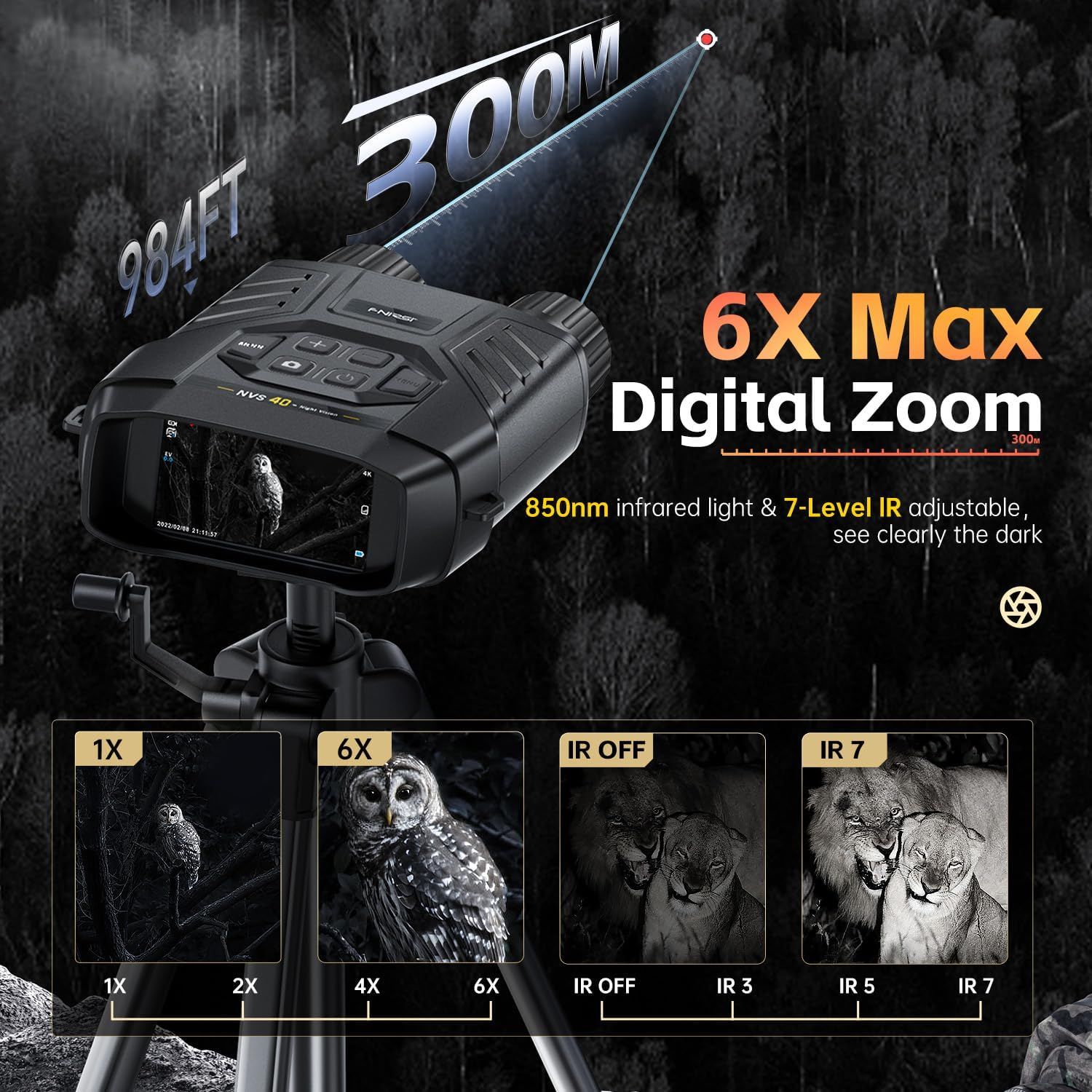 NVS-40 Kikkert 4K HD med nattesyn 6x digital zoom 300m jagt camping sigtekikkert ur observering af objekter