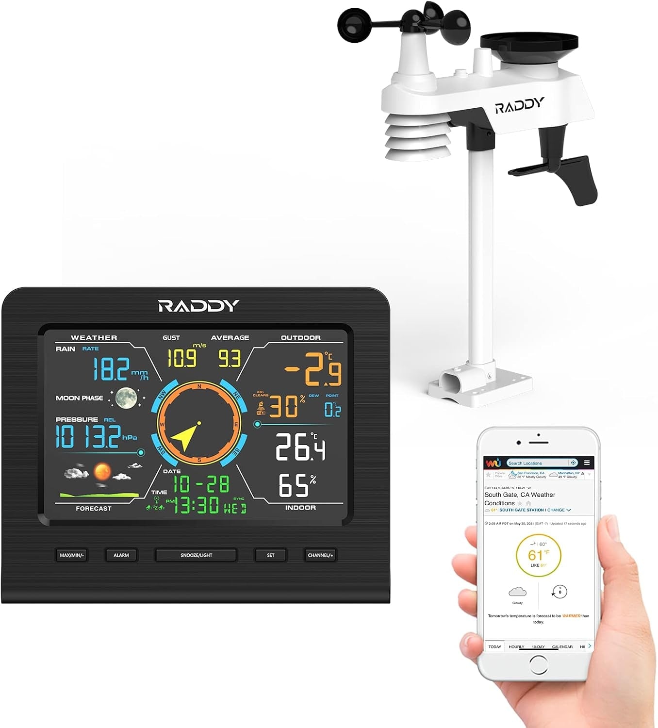 Professional 13 in 1 Wireless Weather Station with Outdoor Sensor, Thermometer, Barometer, Hygrometer, Wind & Rain Gauge