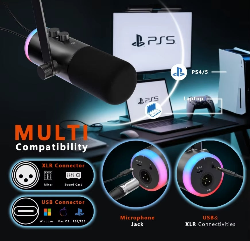 Professional RGB Dynamic Microphone USB-C and XLR
