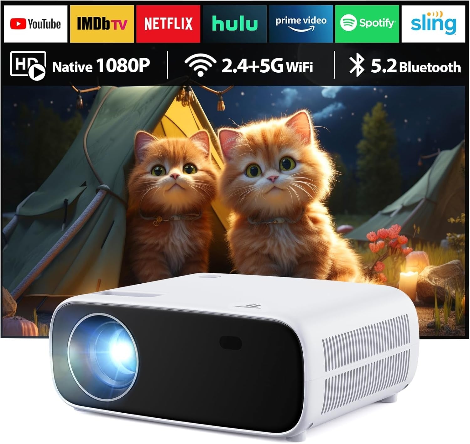 Projektor med WiFi og Bluetooth, 20.000 Lumen, 4K-understøttelse, Full HD 1080P opløsning, understøtter Switch og PS5
