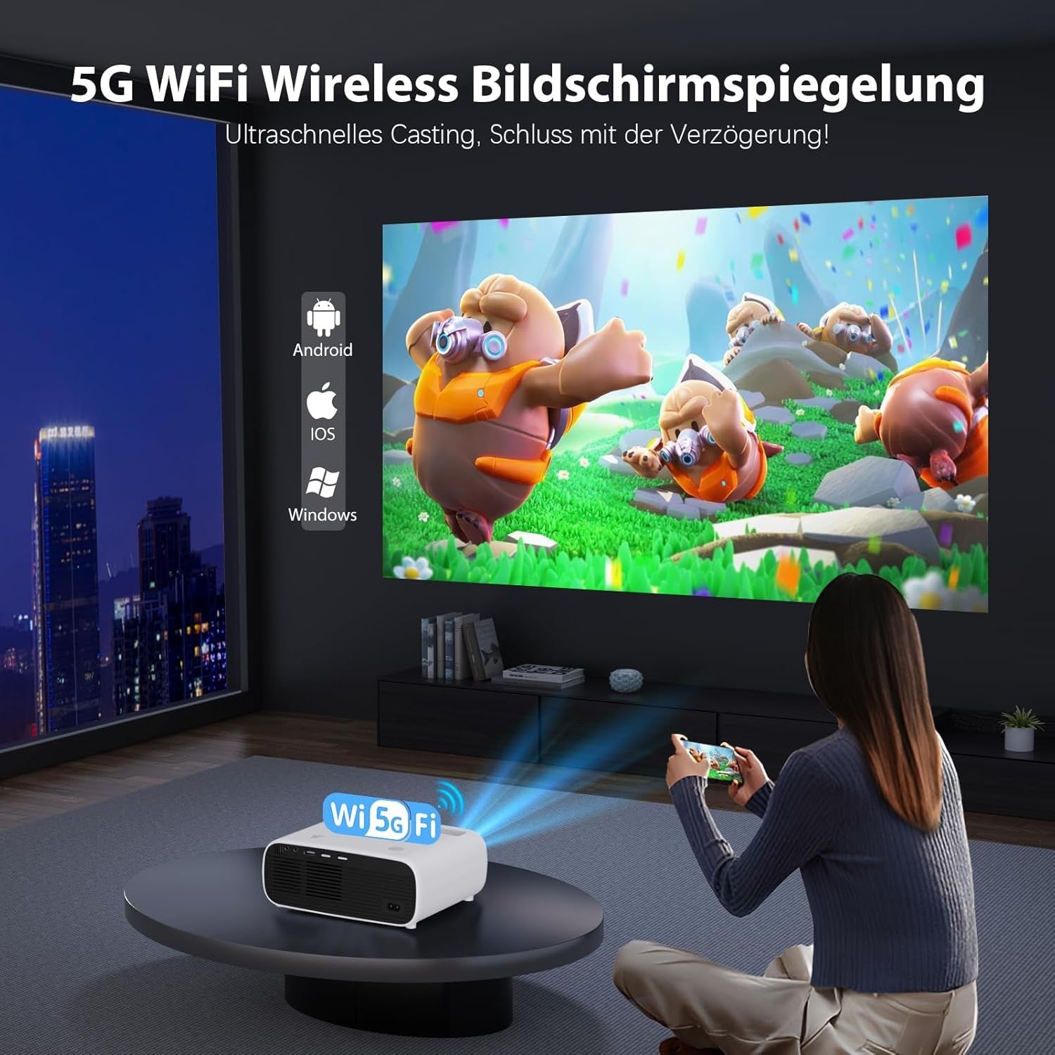 Projektor med WiFi og Bluetooth, 20.000 Lumen, 4K-understøttelse, Full HD 1080P opløsning, understøtter Switch og PS5