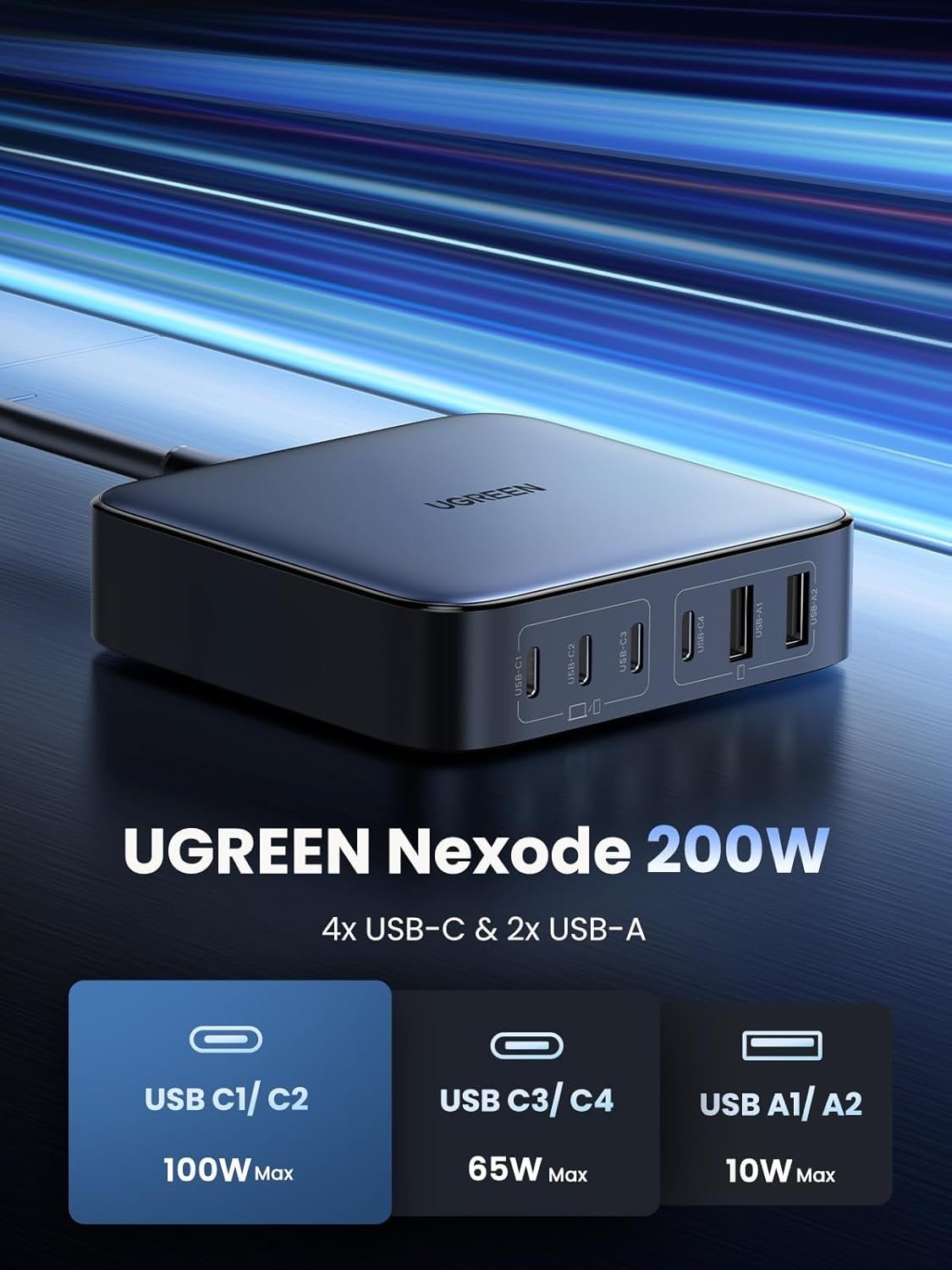 UGREEN 200W USB-C oplader, Nexode 6-Port GaN bordoplader