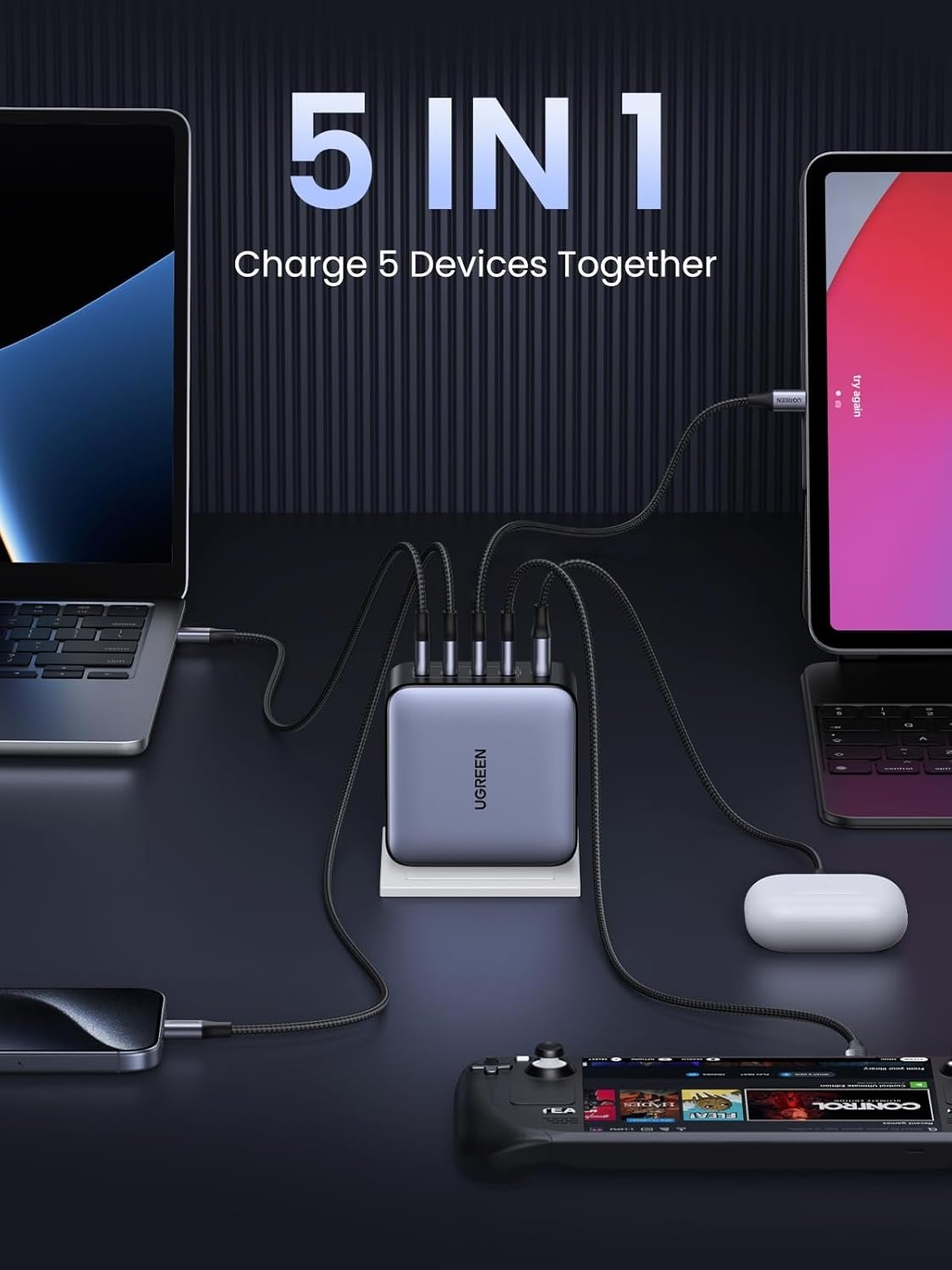 UGREEN 100W USB C Oplader Nexode 5-Port GaN Oplader