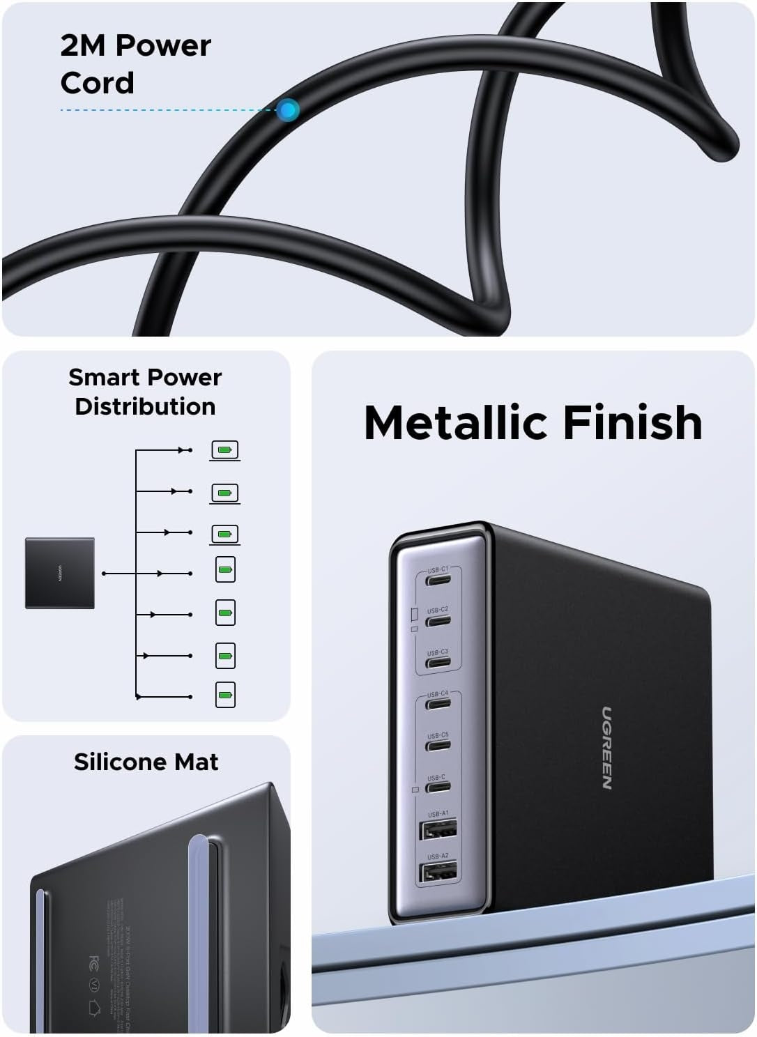 UGREEN Nexode 200W GaN USB C Opladningsstation, 8-Port Bordoplader med PD 100W