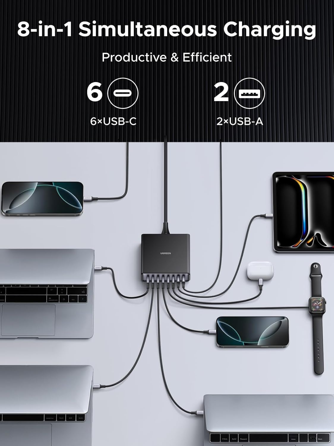 UGREEN Nexode 200W GaN USB C Opladningsstation, 8-Port Bordoplader med PD 100W