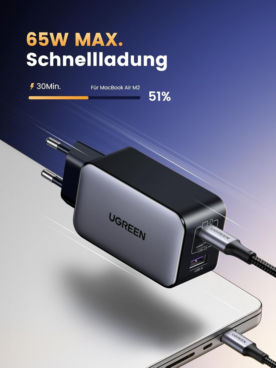 UGREEN Nexode 65W USB-C oplader med 3 porte, 2xUSB-C + 1xUSB-A, PD, PPS og GaN II
