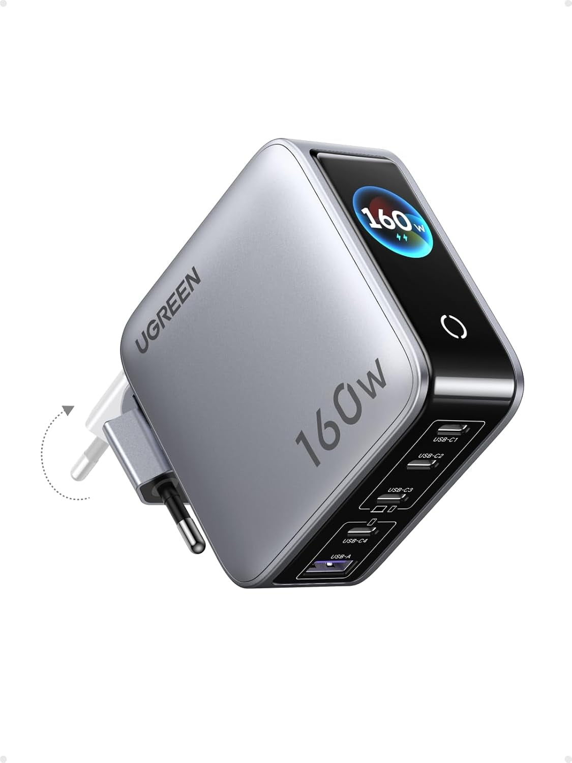 UGREEN Nexode Pro 160W USB-C oplader med 5 porte, 4xUSB-C + 1xUSB-A, Smart-Display og Touchstyring