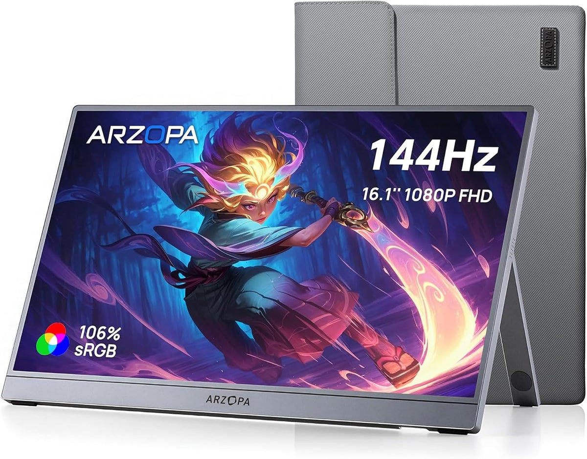 USB 144Hz Monitor 16.1" Ultra-Thin Laptop Screen with Storage Bag, 106% sRGB 1920×1080p FHD HDR for Laptop/PC/Mac/PS3/4/5/Xbox Grey