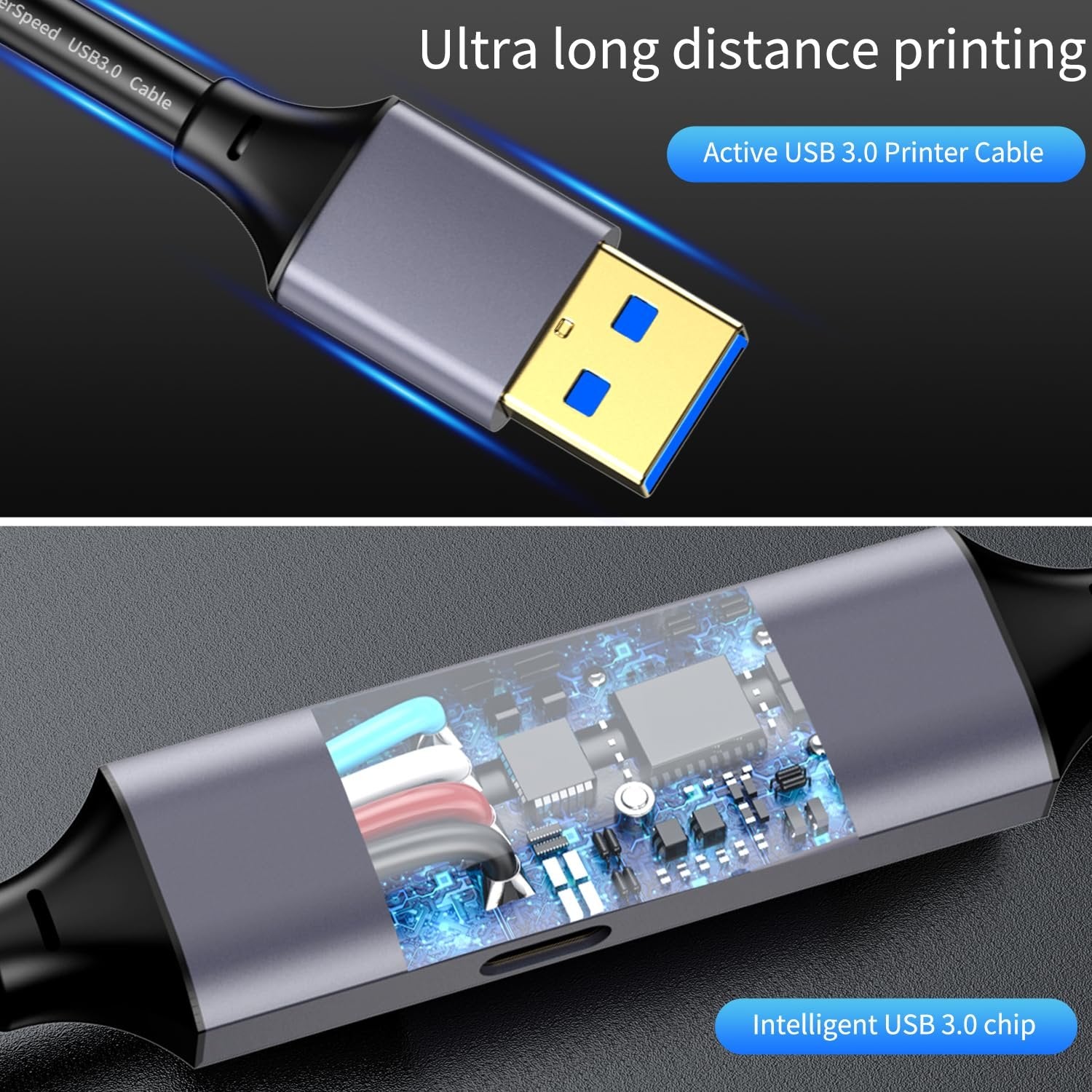 NÖRDIC USB 3.0 Aktiv Printerkabel - 5m USB A til USB B 3.0 Kompatibel med printer, konferencerkamera, dockingstation, harddisk og mere