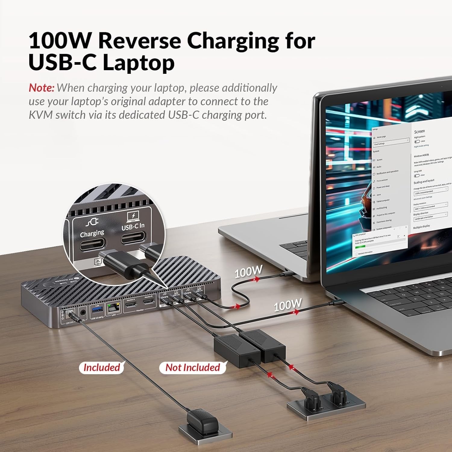 USB-C KVM Dockningsstation til 2 bærbare computere, Dual 4K-skærm, 11-i-1 med 100W PD, 1Gbps LAN & EDID-emulering