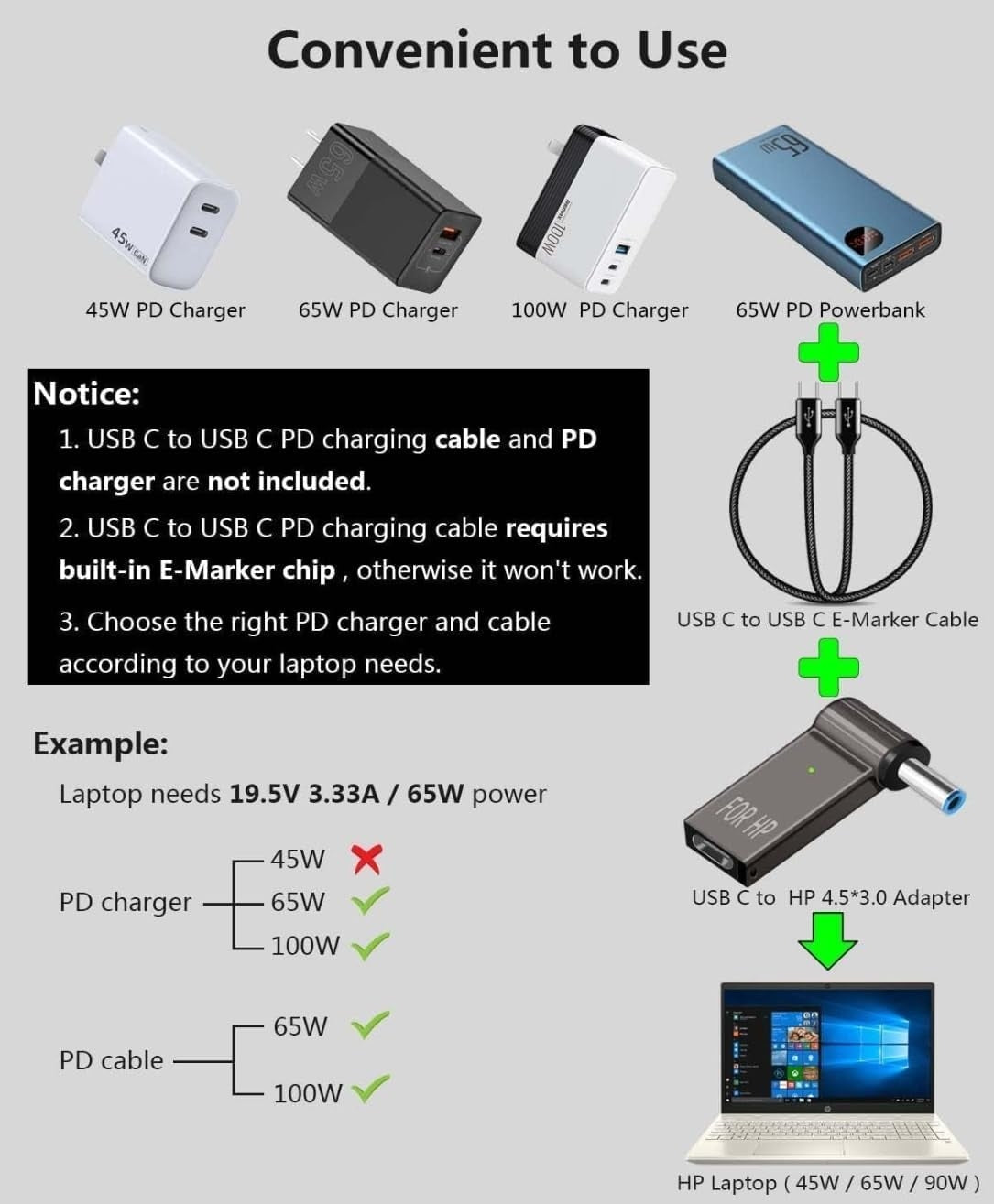 USB-C Laptop Charging Adapter DC 4.5 x 3.0mm 100W PD for HP