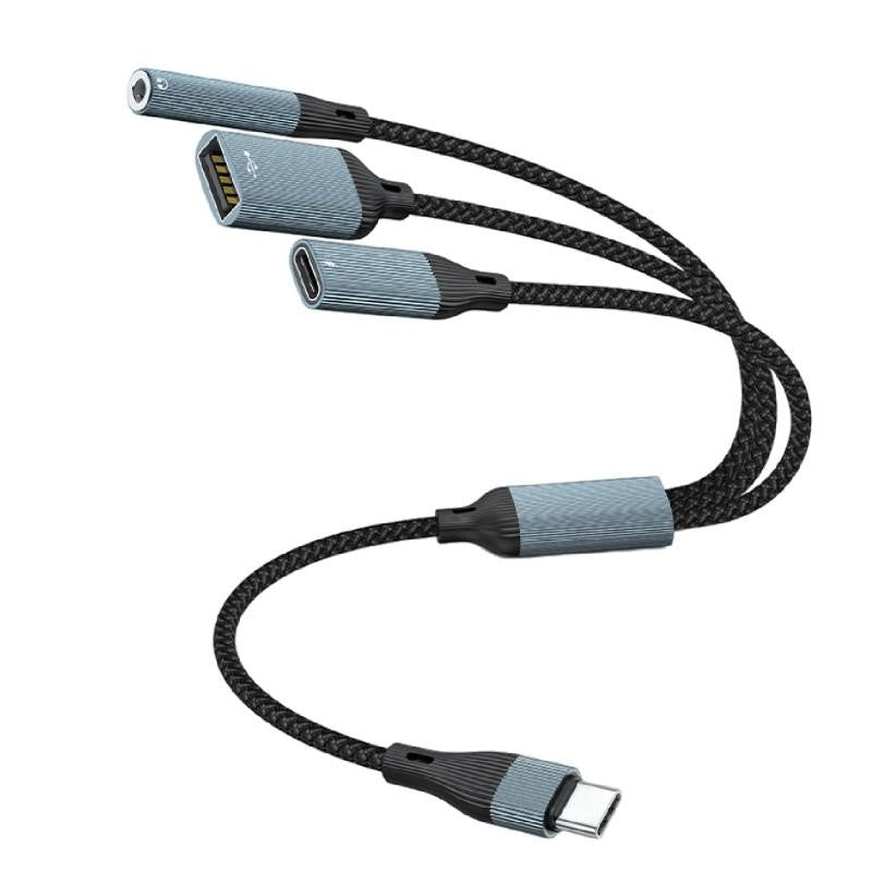 NÖRDIC USB-C Splitter 1 til 3, 1xUSB-A 1xUSB-C PD60W 1x3,5mm hovedtelefonstik OTG-kabel