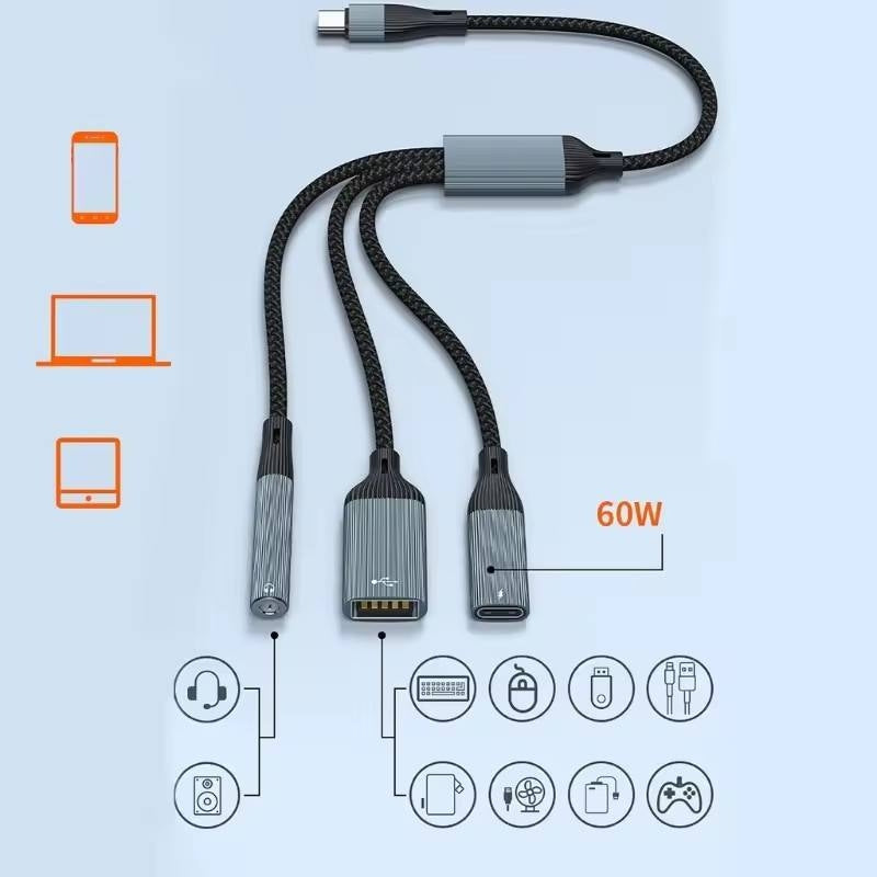 NÖRDIC USB-C Splitter 1 til 3, 1xUSB-A 1xUSB-C PD60W 1x3,5mm hovedtelefonstik OTG-kabel