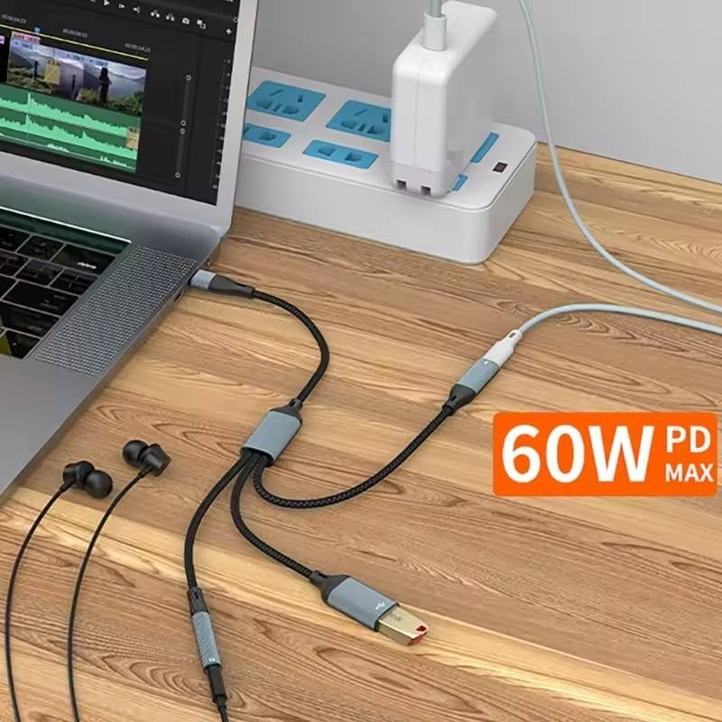 NÖRDIC USB-C Splitter 1 til 3, 1xUSB-A 1xUSB-C PD60W 1x3,5mm hovedtelefonstik OTG-kabel