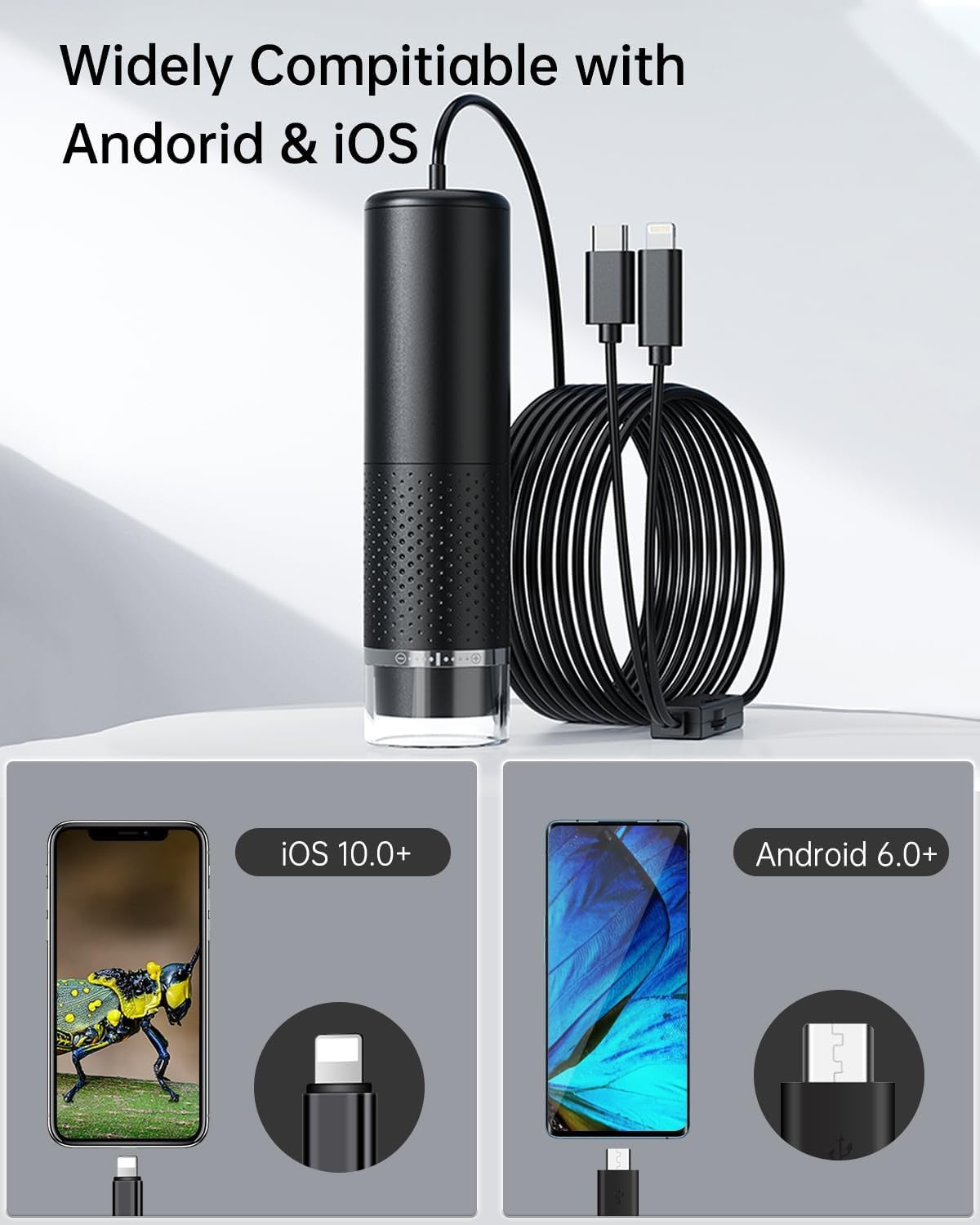 USB Microscope 1080P HD for iPhone Android, 10 to 200X Digital with 8 LED Compatible with iOS, Android, Tablet