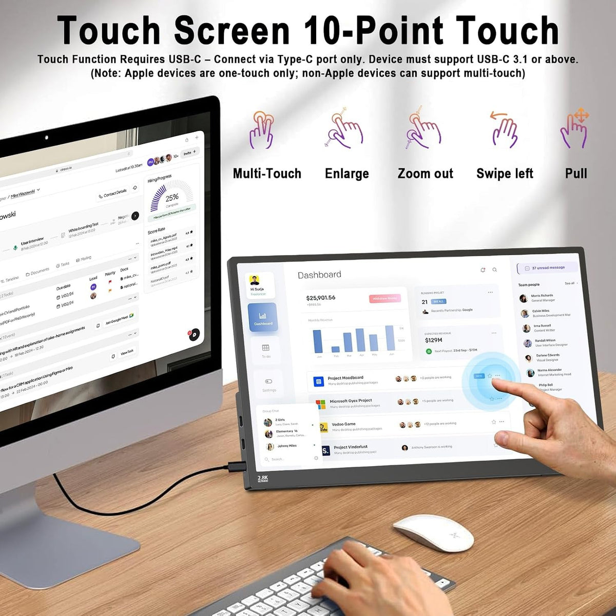 USB Touchscreen Portable Monitor 15.6" for Laptop, FHD 1080P IPS