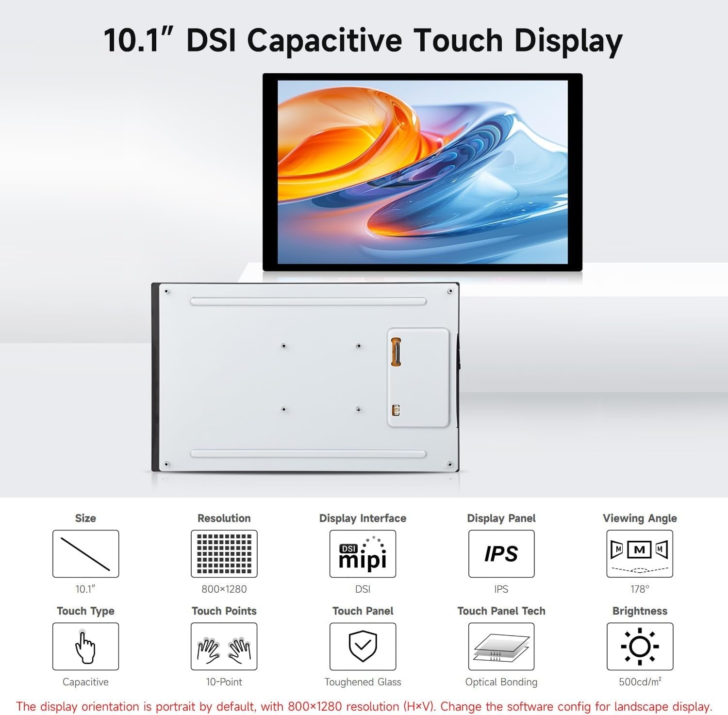 Waveshare 10.1 inch DSI Capacitive Touch Display, 800 x 1280, IPS Panel, Optical Bonding Toughened Glass Panel, for Raspberry Pi/RK3576/RK3506/ESP32-P4