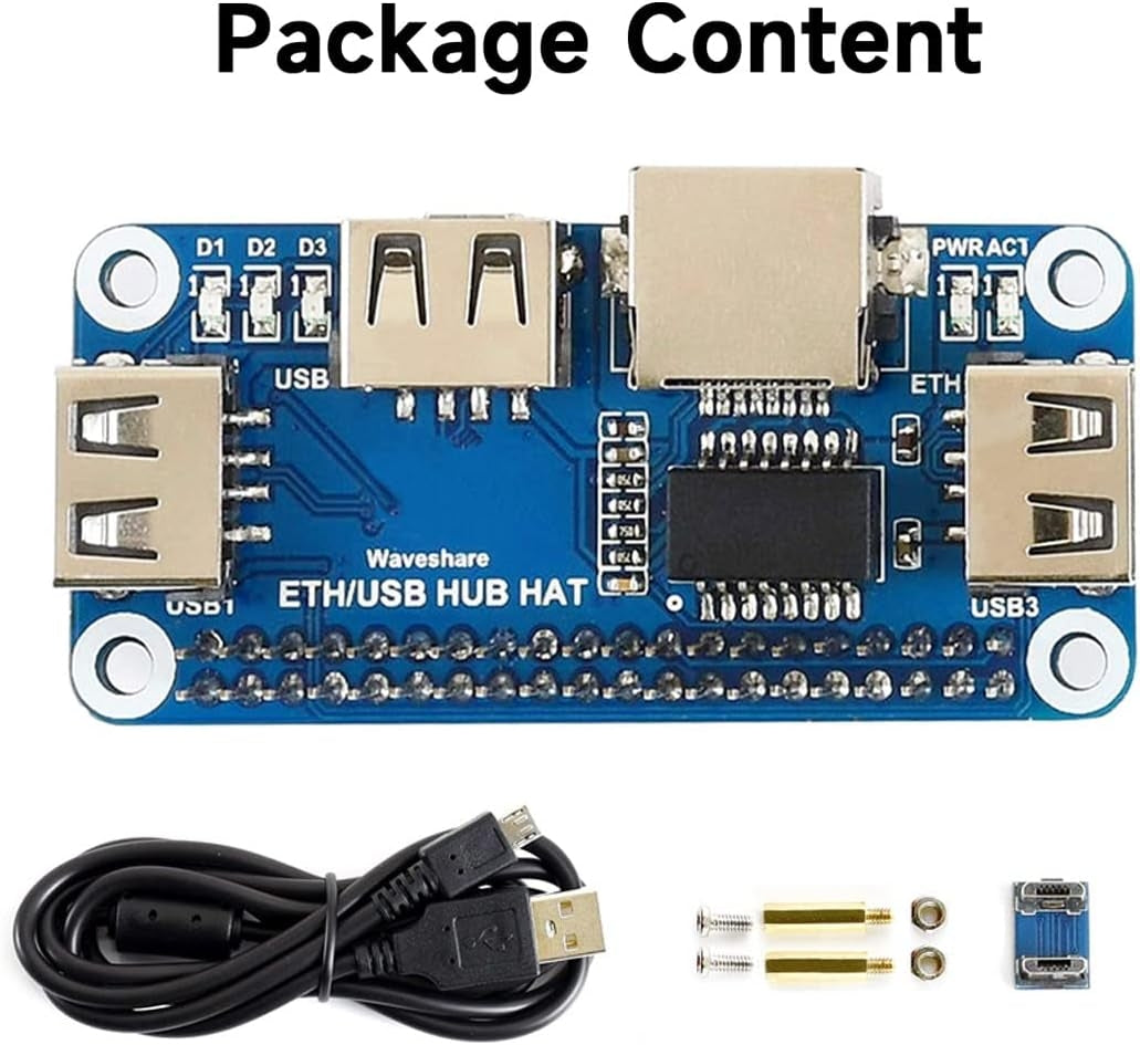 Waveshare Ethernet/USB HUB HAT til Raspberry Pi 1x RJ45 Ethernet-port 3x USB-porte Kompatibel med USB 2.0/1.1 Passer til Zero/Zero W/Zero WH