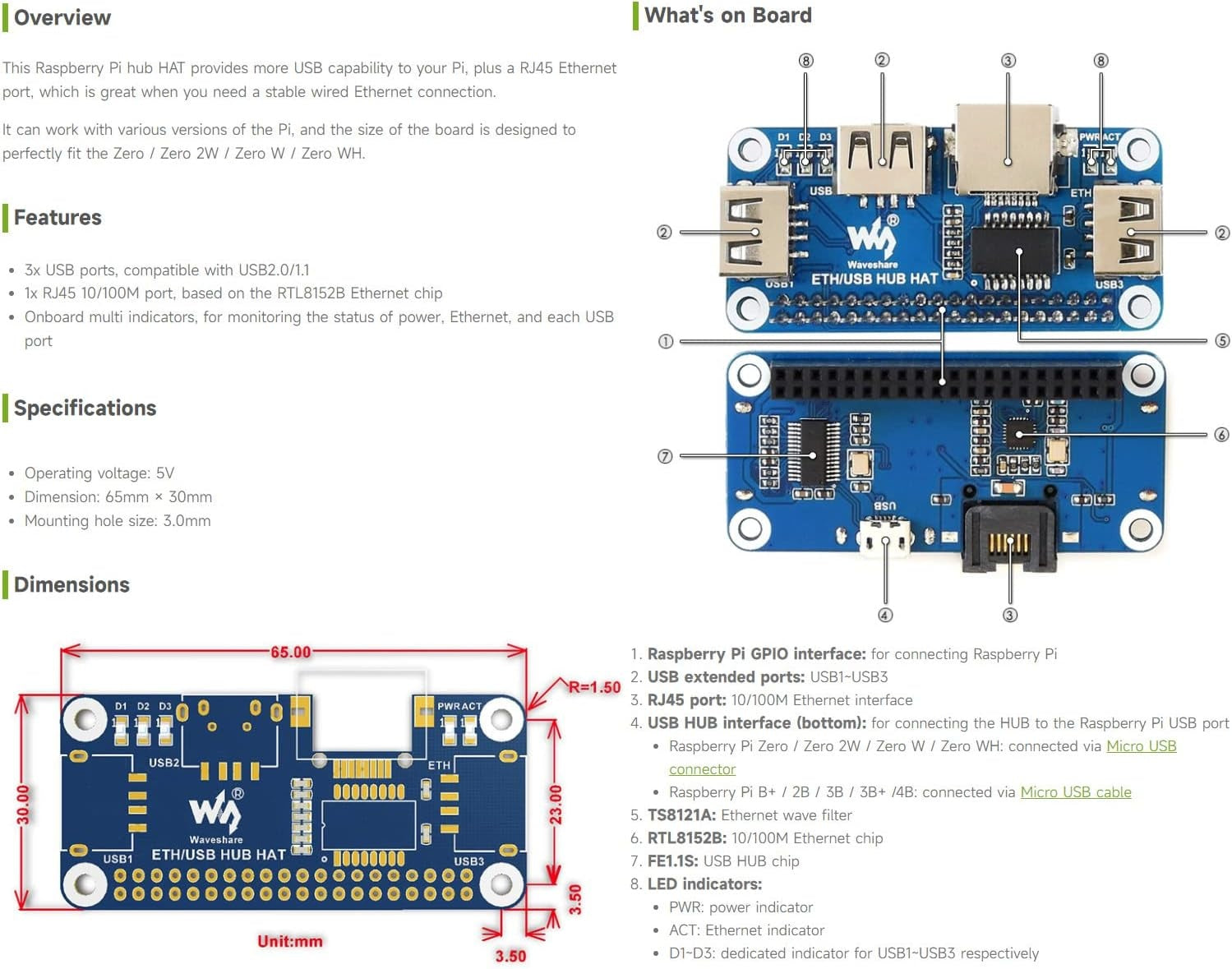 Waveshare Ethernet/USB HUB HAT til Raspberry Pi 1x RJ45 Ethernet-port 3x USB-porte Kompatibel med USB 2.0/1.1 Passer til Zero/Zero W/Zero WH