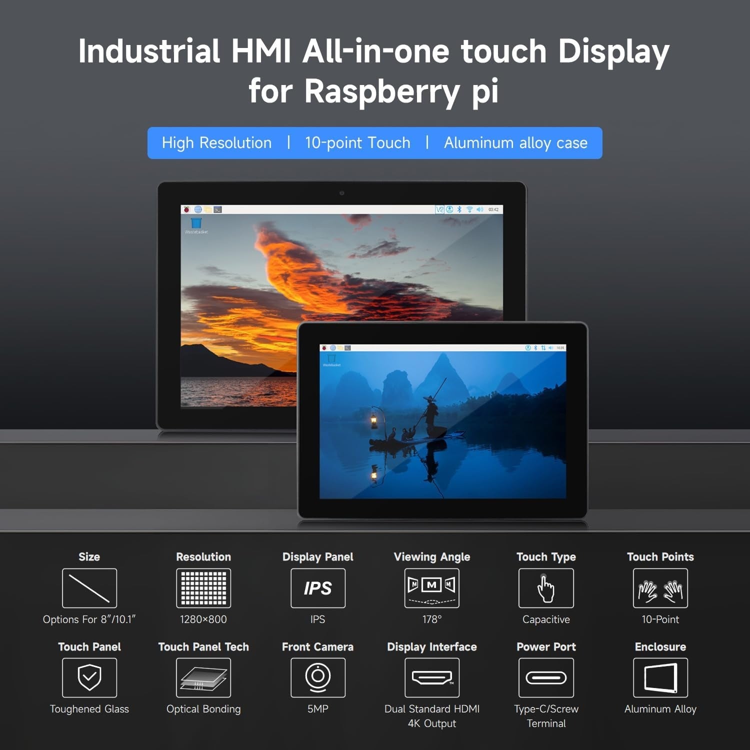Waveshare Industrial HMI All-in-One 10.1 Inch Touch Display, Compatible with Raspberry Pi 4 (Included), Supports Dual 4K HDMI Output,