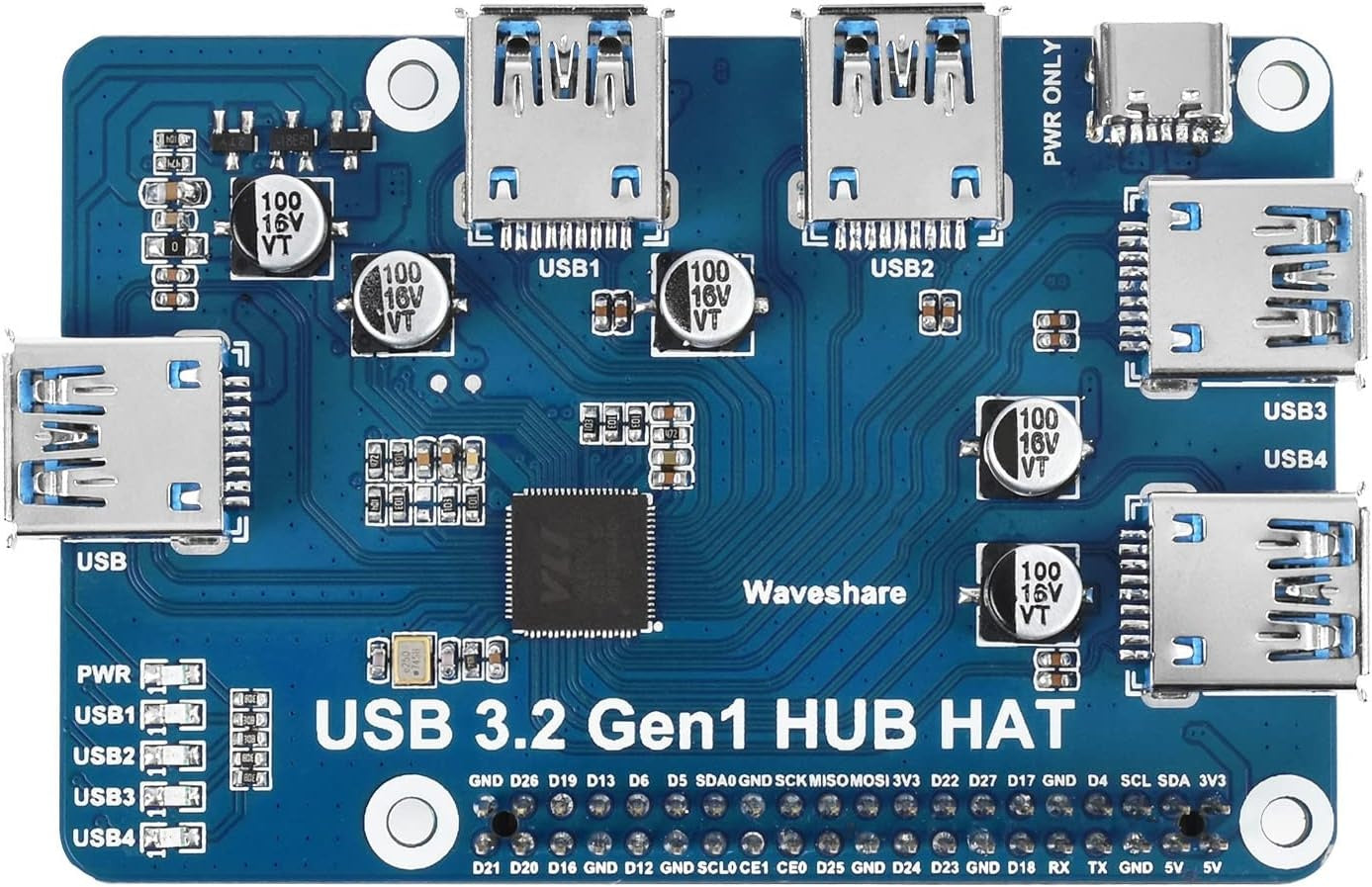 Waveshare USB 3.2 Gen1 HUB HAT til Raspberry Pi 4 med 4x USB 3.2 Gen1-porte op til 5 Gbps