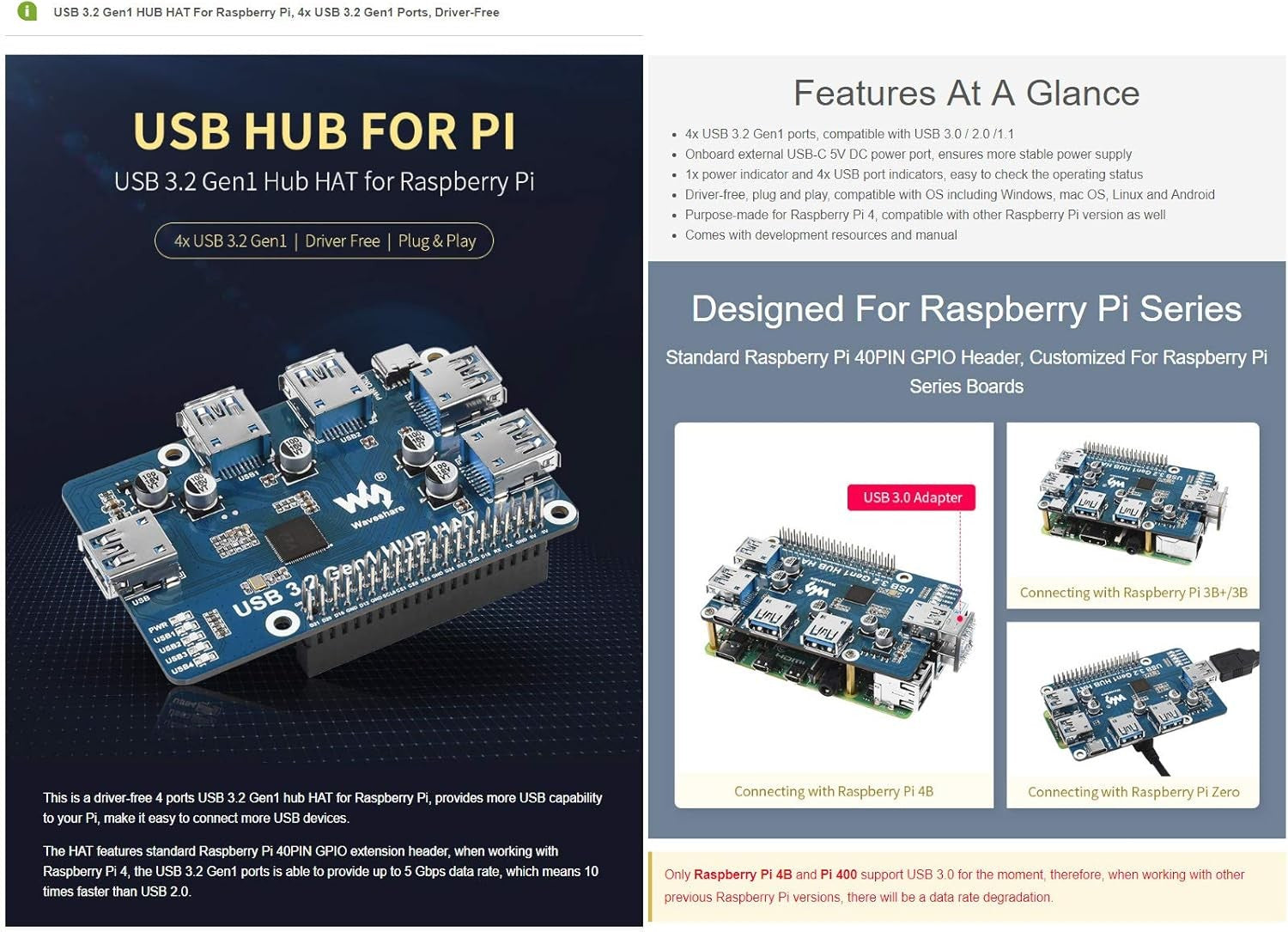 Waveshare USB 3.2 Gen1 HUB HAT til Raspberry Pi 4 med 4x USB 3.2 Gen1-porte op til 5 Gbps
