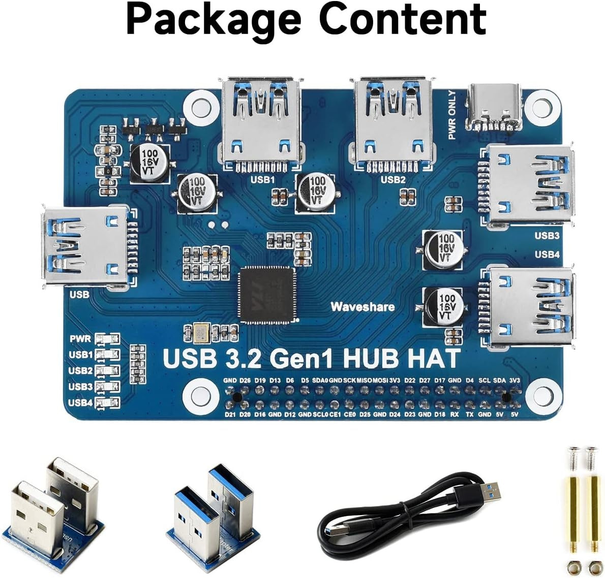 Waveshare USB 3.2 Gen1 HUB HAT til Raspberry Pi 4 med 4x USB 3.2 Gen1-porte op til 5 Gbps