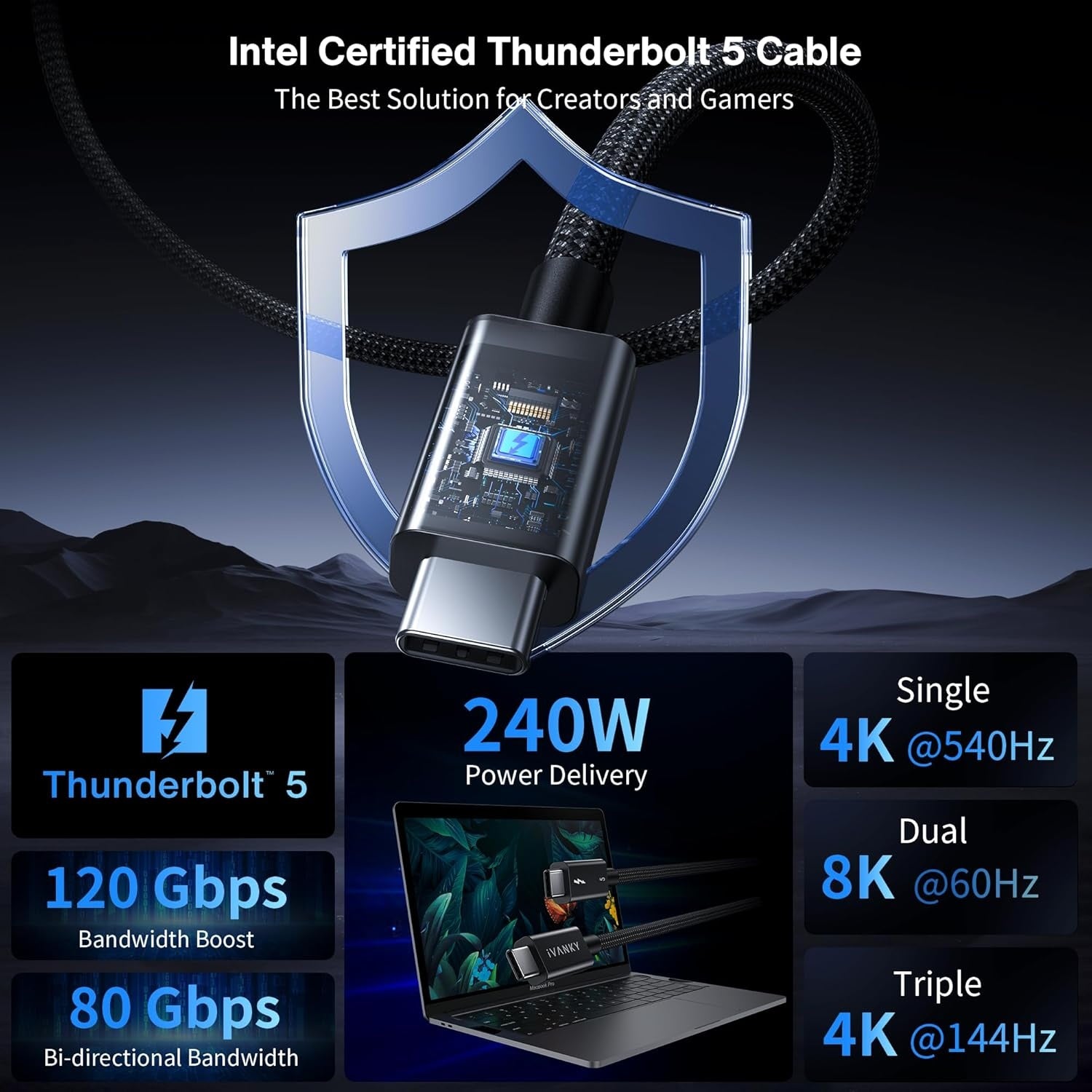 NÖRDIC 1m Thunderbolt 5 kabel Intel-certificeret, 80Gbps dataoverførsel, 120Gbps båndbredde, 240W opladning, Dobbelt 8K skærme, Kompatibel med MacBook M4 TB4/DP2.1/USB4