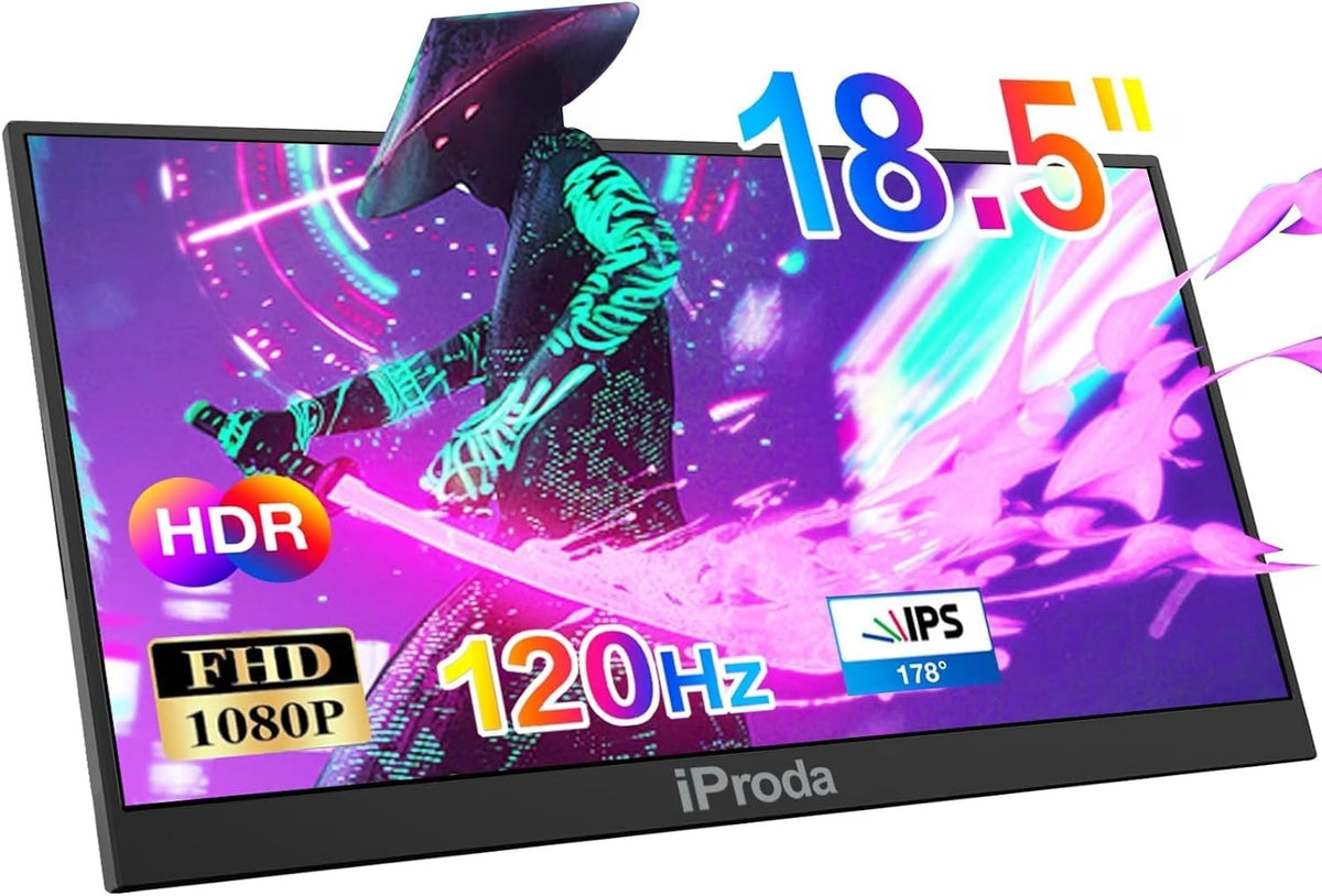 18,5" Bærbar USB-skærm 1920×1080p 120Hz, USB-C/HDMI, IPS, HDR, Blålysfilter, 100% sRGB, med Indbygget Støtteben, til Laptop/PC/Mac/PS3/PS4/PS5/Xbox