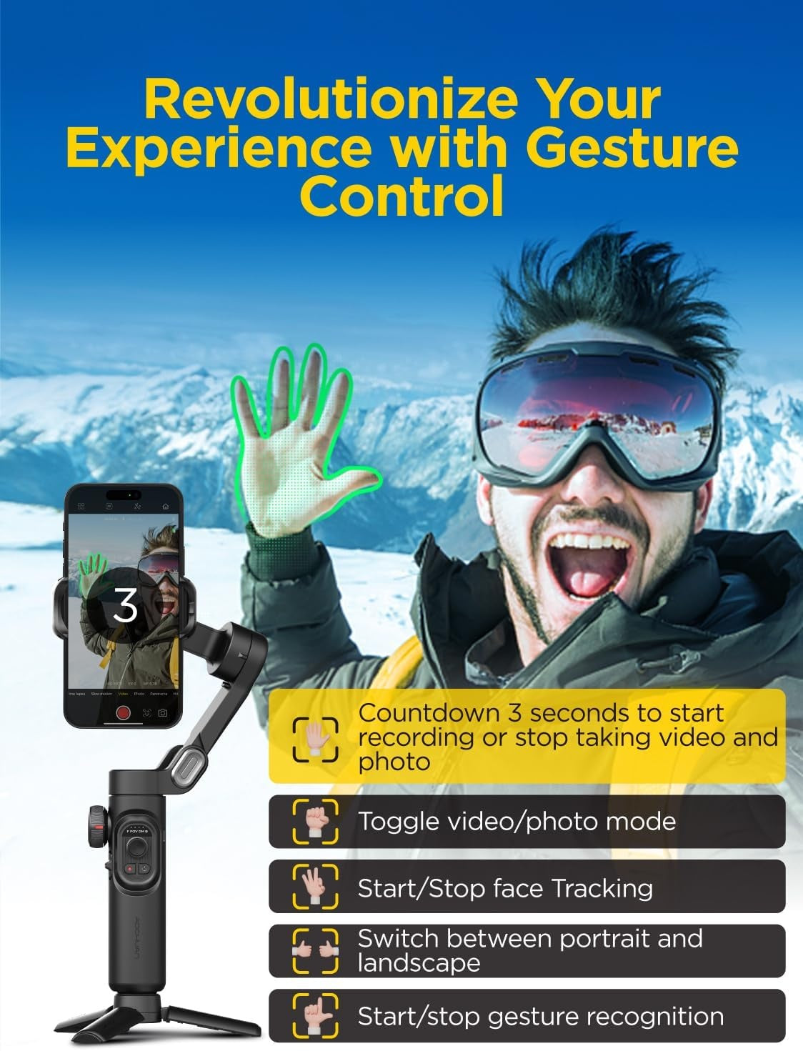 3-Axis Handheld Phone Stabilizer Gimbal for iPhone Gimbal, Smartphone w/Focus Wheel Face/Object Tracking for iPhone/Android Foldable