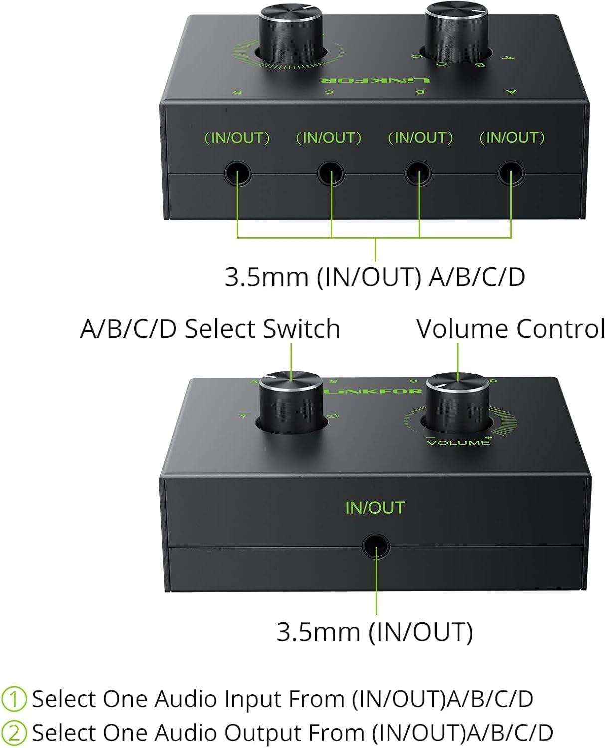 4 Port 3.5mm stereo Switch Audio Selector, 4 Input 1 Output / 1 Input 4 Output Audio Splitter with Volume Control and 4 Channel Switch Knob