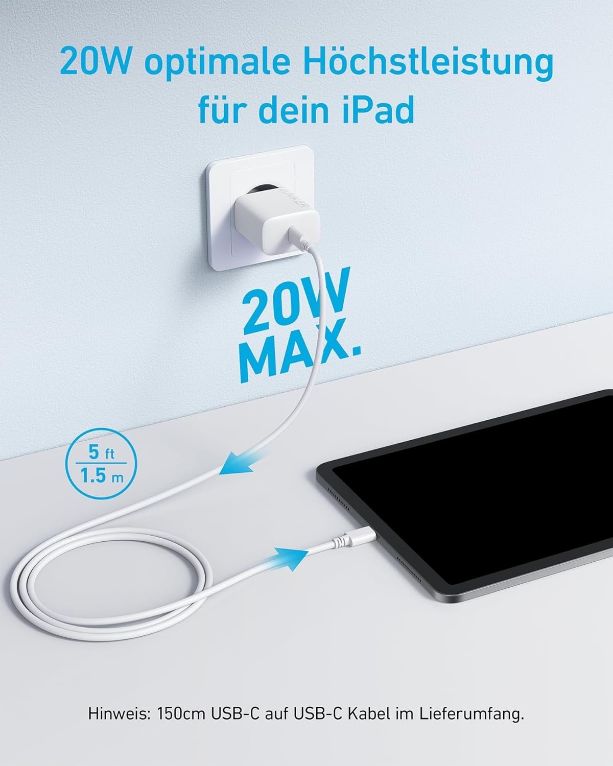 ANKER USB-C Oplader 20W med 1,5m kabel