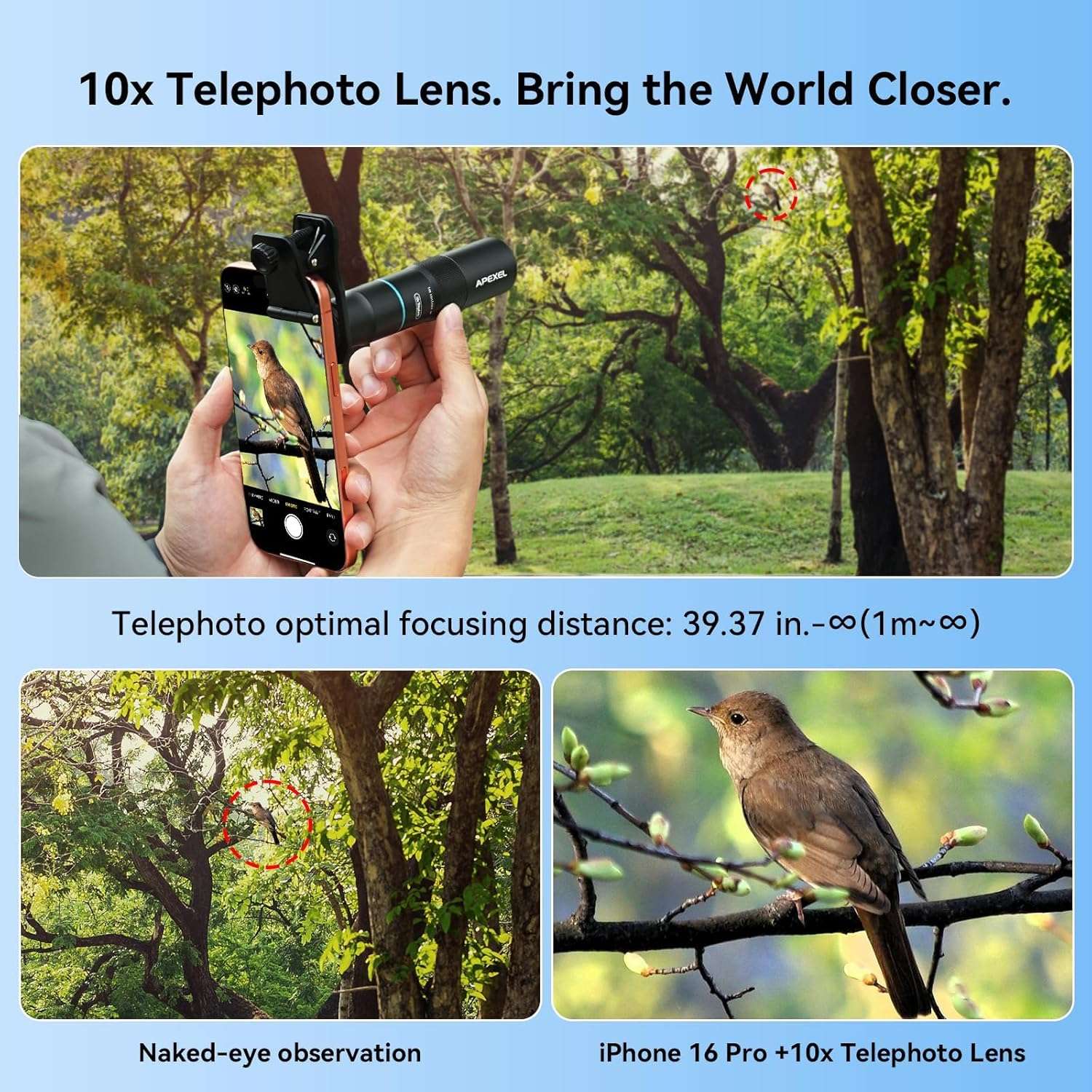 APEXEL 10X Tele-Macro Pro Dual Lens 2-in-1, Portable Clip-On Telephoto Macro Lens for Smartphones,