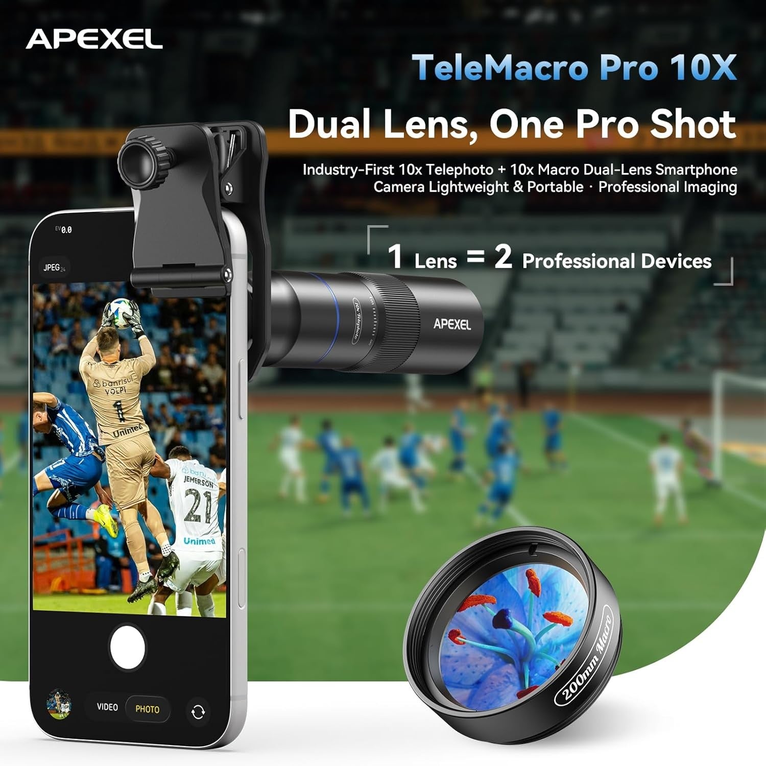 APEXEL 10X Tele-Macro Pro Dual Lens 2-in-1, Portable Clip-On Telephoto Macro Lens for Smartphones,