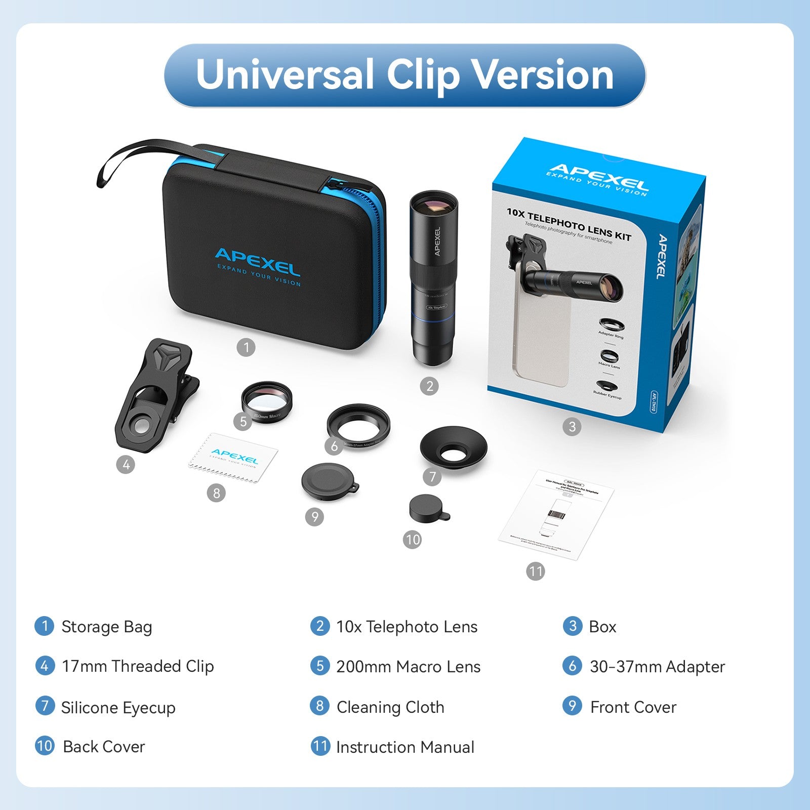 APEXEL 10X Tele-Macro Pro Dual Lens 2-in-1, Portable Clip-On Telephoto Macro Lens for Smartphones,