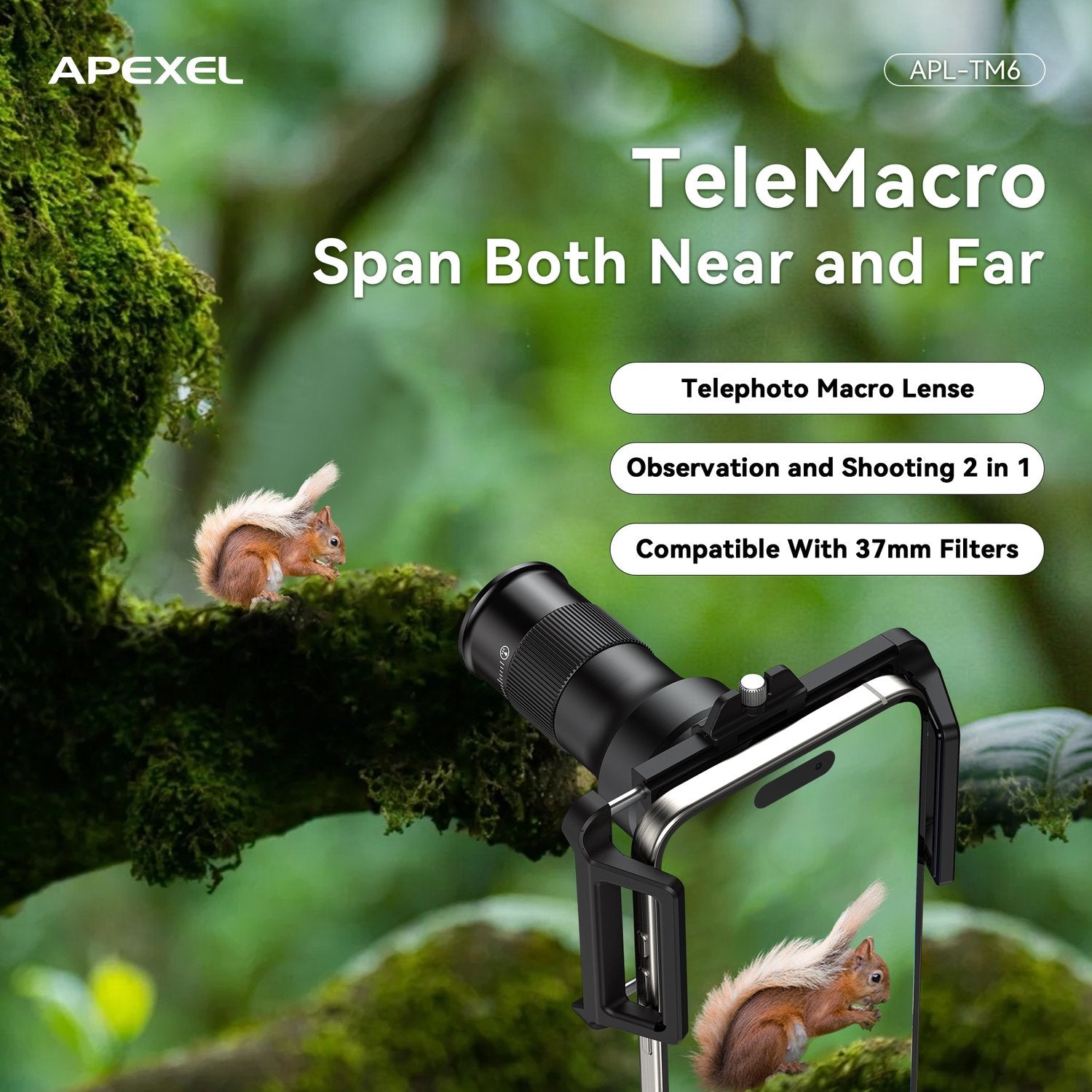 APEXEL 2-i-1 HD 6X Fast Fokus Teleobjektiv med 150mm Makroobjektiv med Universalklemme, Professionelt Mobilobjektivkit