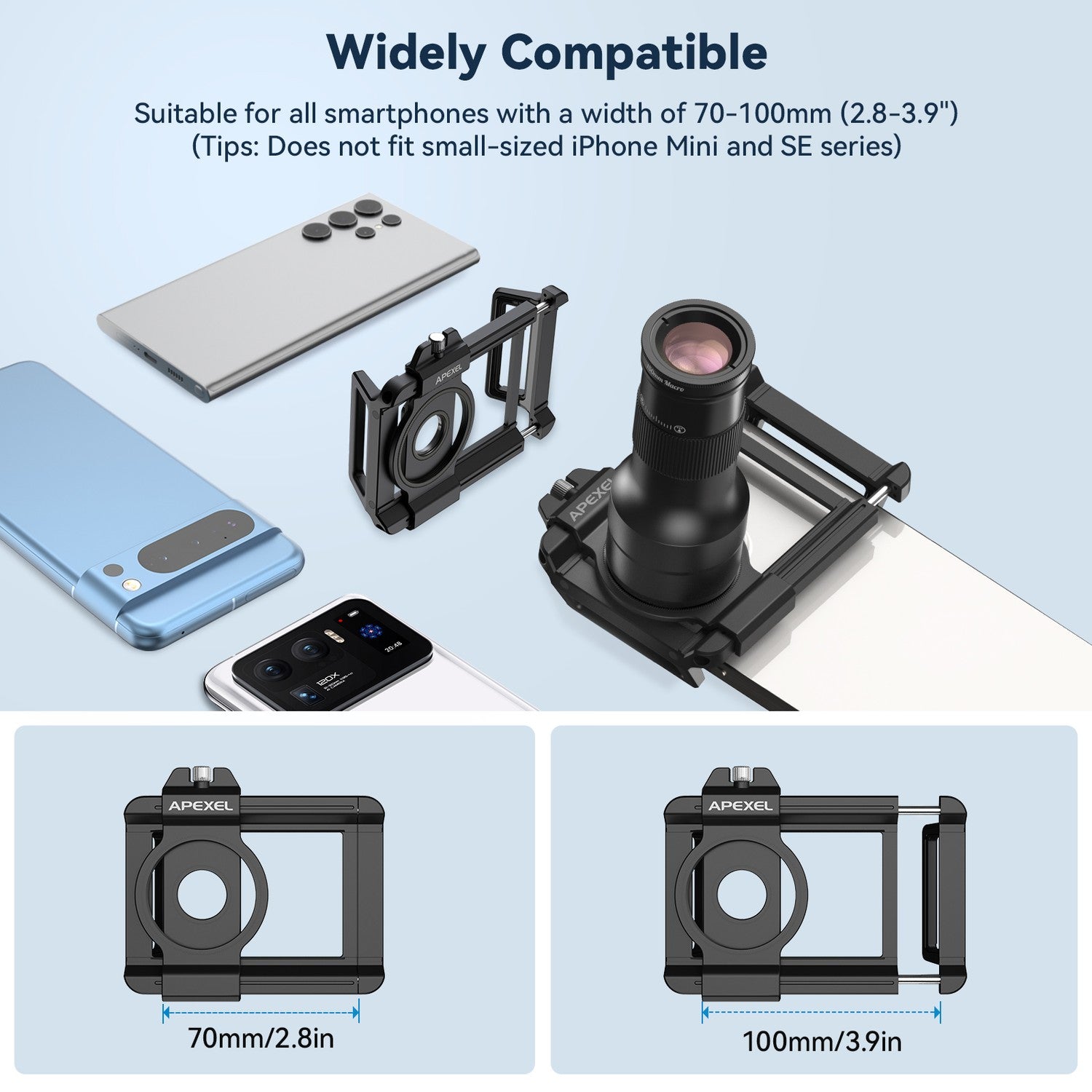 APEXEL 2-i-1 HD 6X Fast Fokus Teleobjektiv med 150mm Makroobjektiv med Universalklemme, Professionelt Mobilobjektivkit