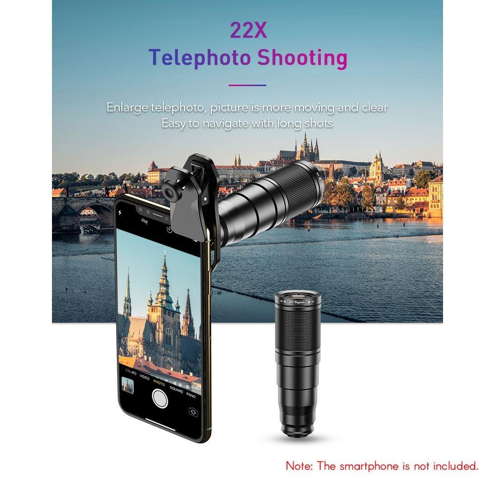 APEXEL 6-i-1 Telefonlinsekit – 22X teleobjektiv, 205° fisheye-linse, 120° vidvinkellinse & 25X makrolinse