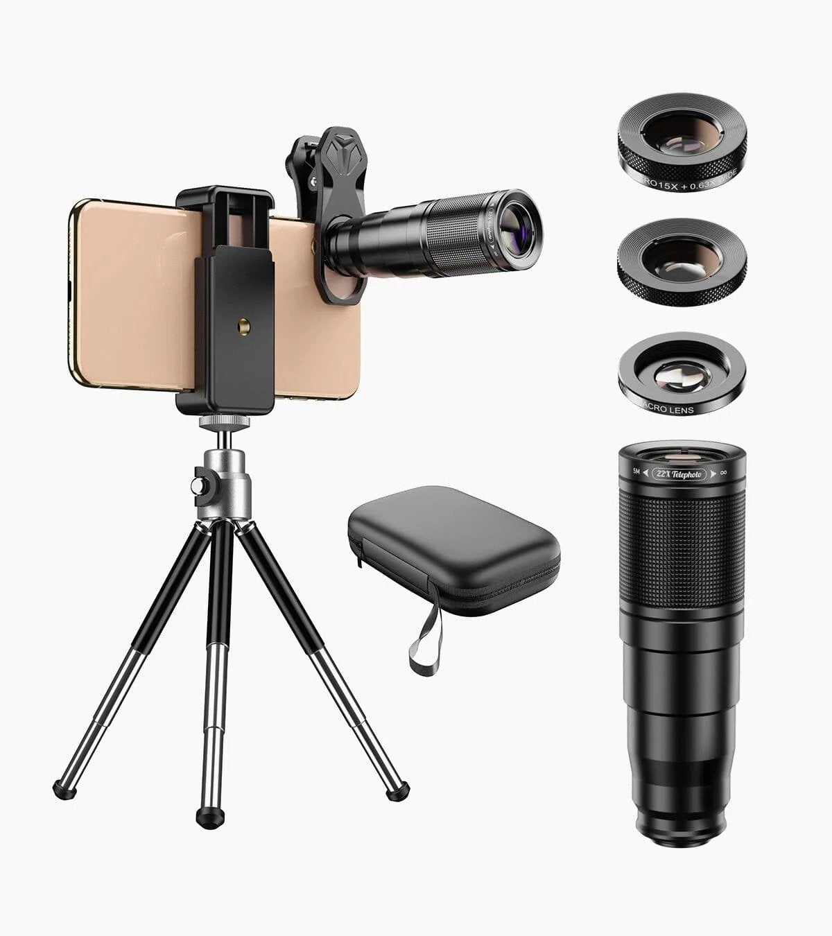 APEXEL 6-i-1 Telefonlinsekit – 22X teleobjektiv, 205° fisheye-linse, 120° vidvinkellinse & 25X makrolinse