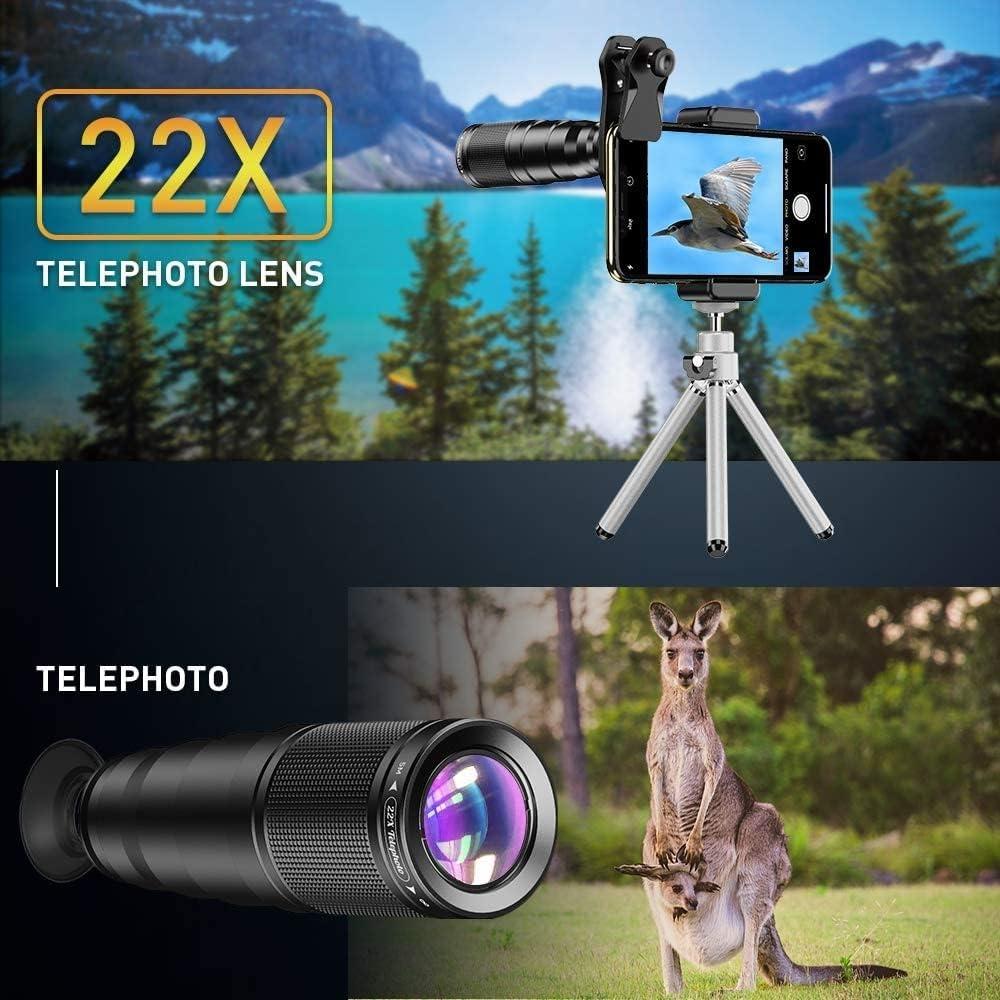 APEXEL 6-i-1 Telefonlinsekit – 22X teleobjektiv, 205° fisheye-linse, 120° vidvinkellinse & 25X makrolinse