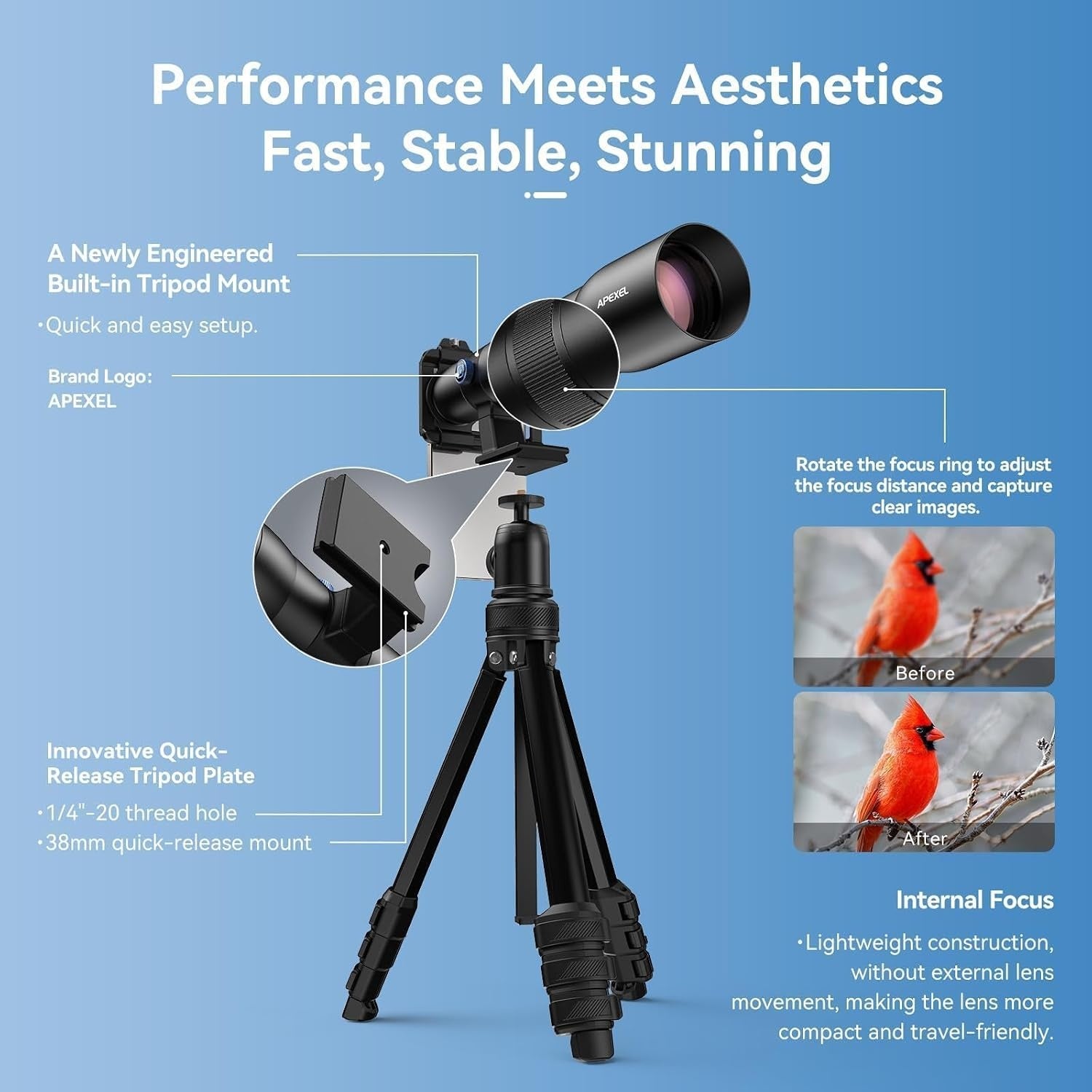 APEXEL Telecular 20–60x professionelt kompakt zoomobjektiv til smartphones