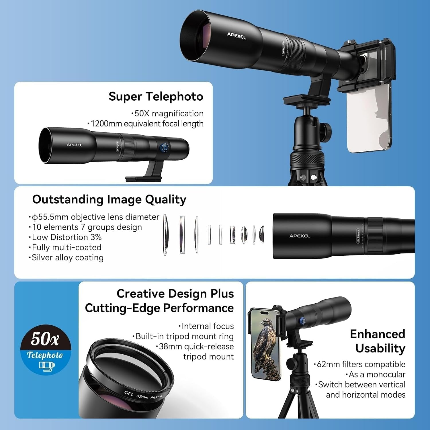 APEXEL Telecular 20–60x professionelt kompakt zoomobjektiv til smartphones