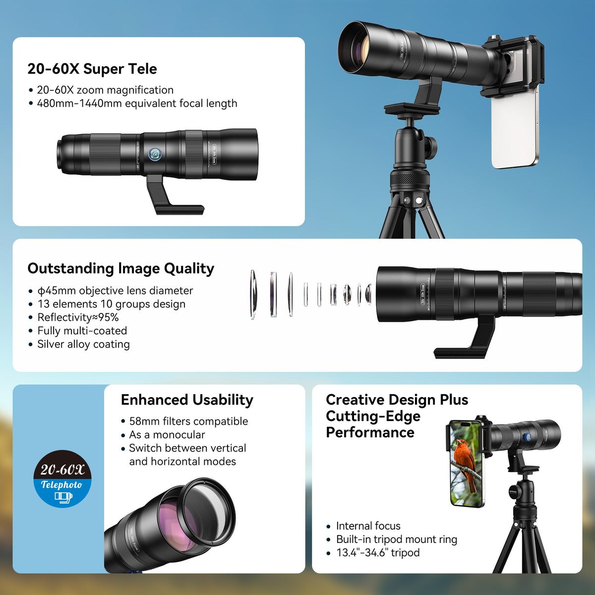 APEXEL Telecular 20–60x professionelt kompakt zoomobjektiv til smartphones