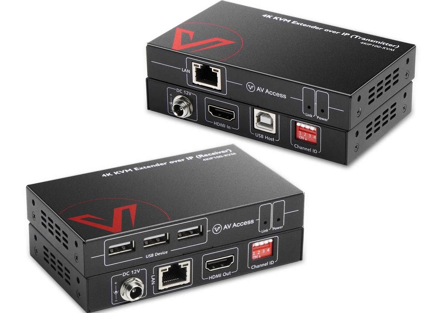 AV Access 4KIP100-KVM 4K KVM-extender over TCP/IP Ethernet op til 120 m, UHD 4K @ 30Hz 1080P@120Hz, 16 sæt DIP-switcher, EDID-funktion