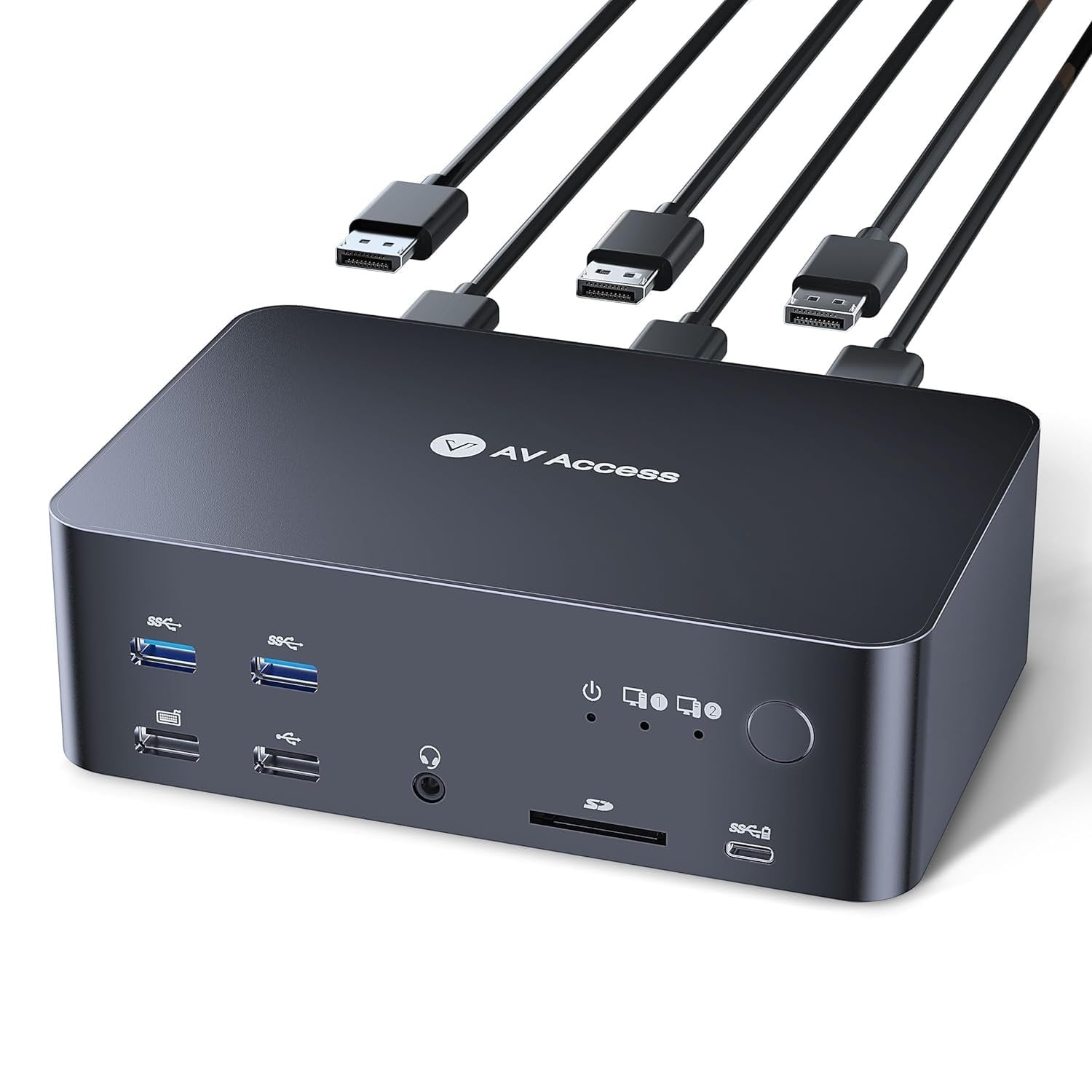 AV Access-dockingstation og KVM-switch 2 til 3 DP til DP, 8K60Hz, 5x USB-A, 1x USB-C PD, 3,5 mm AUX, SD-kortslot og 1 Gbps ethernet